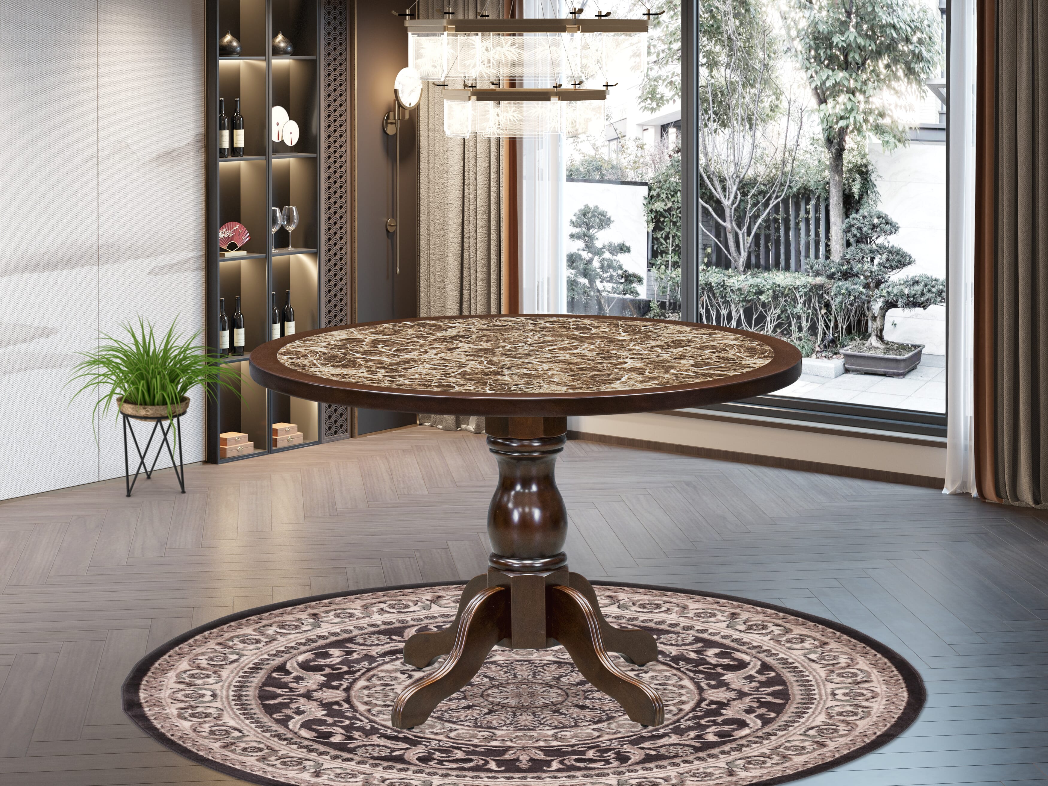 Luxe by East West Furniture 48AS5-312-26 5-Pc Modern Dining Set Include a Dining Table with Rippled Sand Marble Pattern Tabletop and 4 Burgundy Faux Leather Chairs, Mahogany