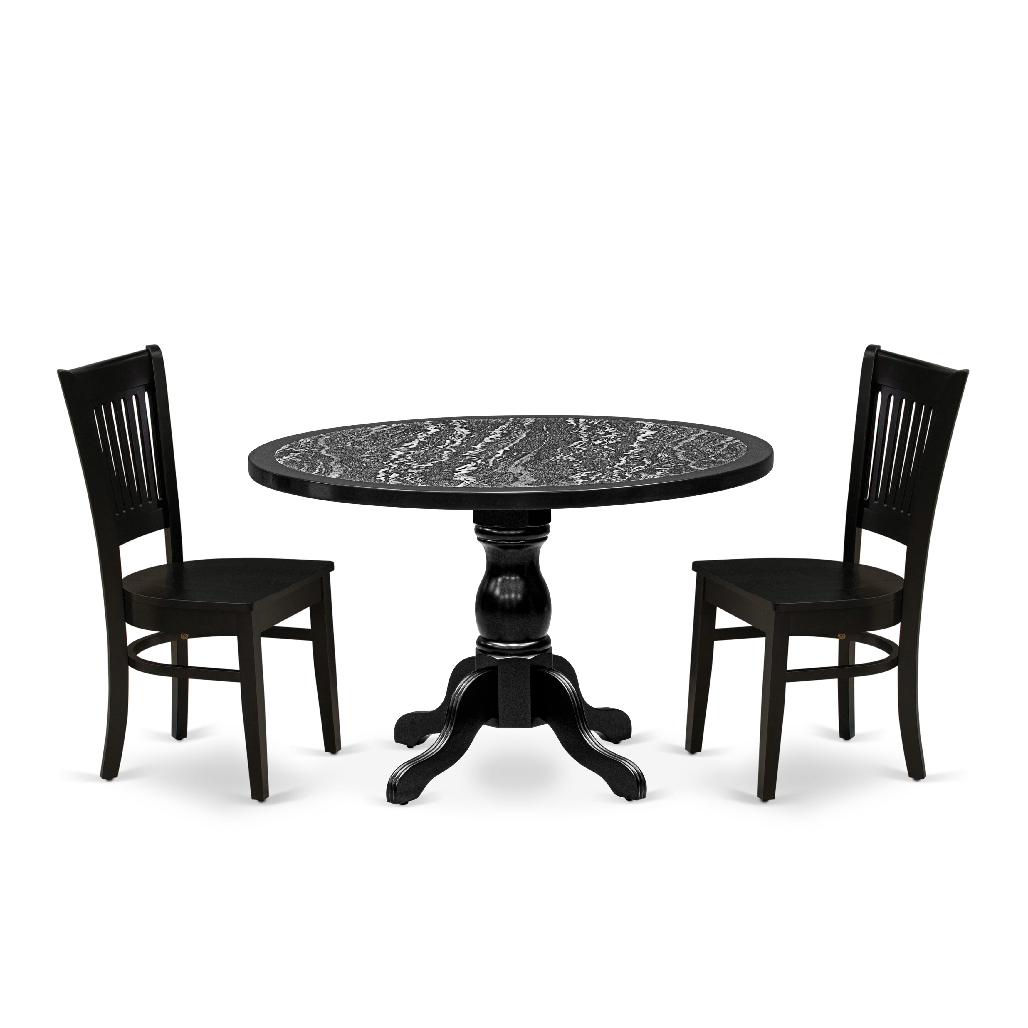 Luxe by East West Furniture 48VA3-109-W 3-piece dining table set Consists a pedestal table and 2 Slatted Back dining chairs, Black finish.