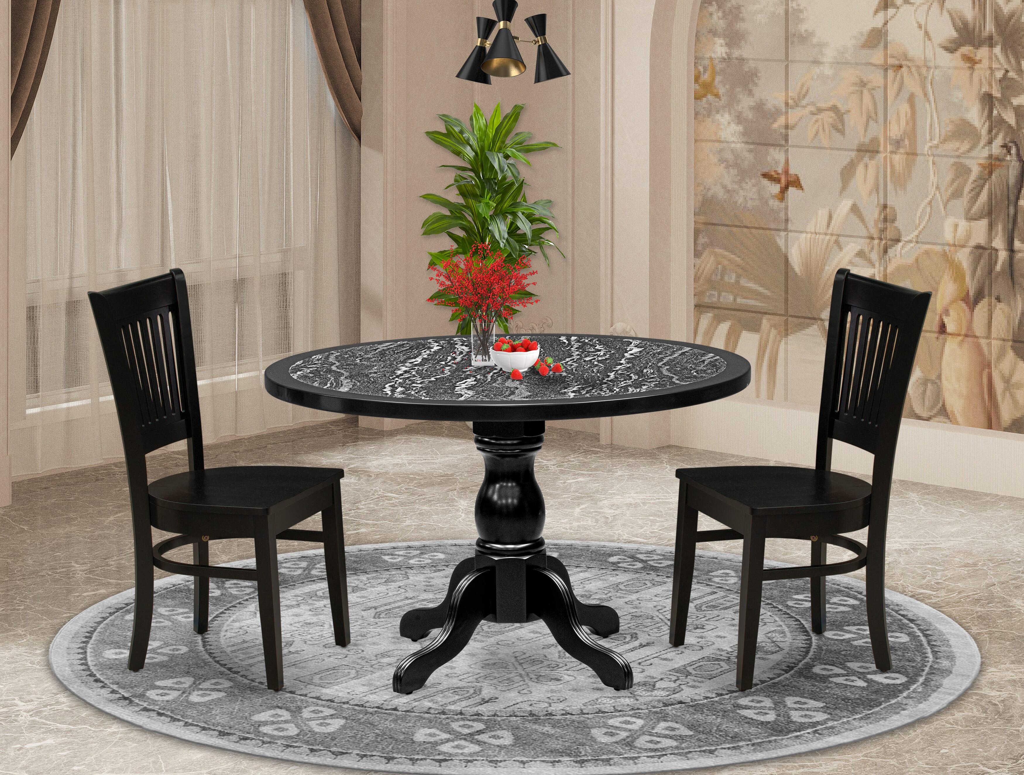 Luxe by East West Furniture 48VA3-109-W 3-piece dining table set Consists a pedestal table and 2 Slatted Back dining chairs, Black finish.