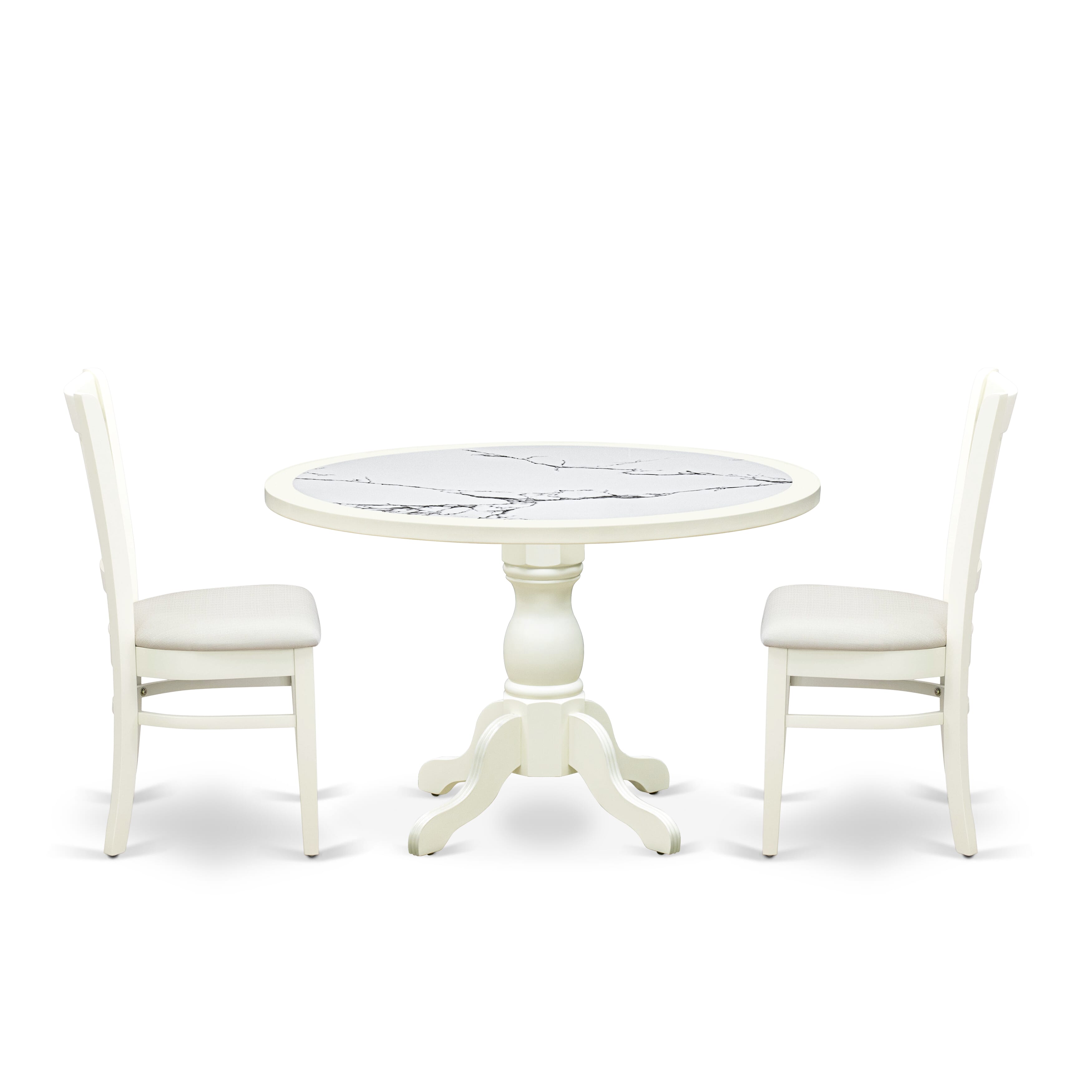 Luxe by East West Furniture 48VA3-204-C 3-Pc Modern Dining Set Include a Dining Table with Veined Marble Pattern Tabletop and 2 Linen white Linen Fabric Chairs, Linen white