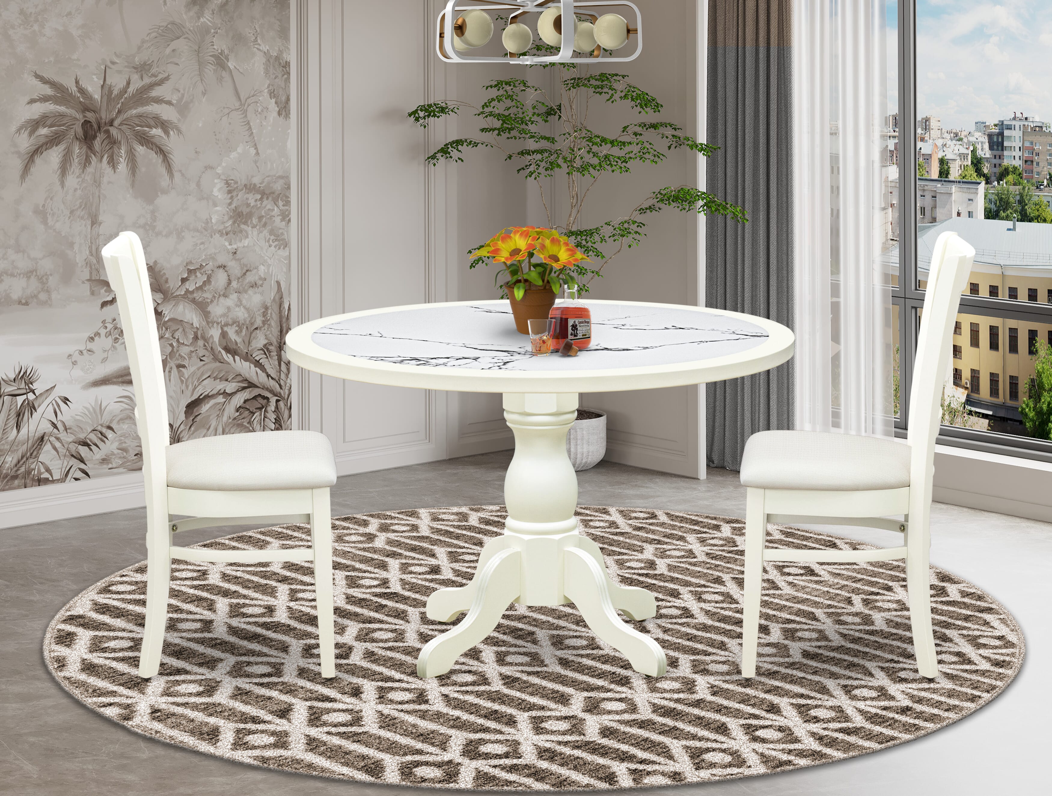 Luxe by East West Furniture 48VA3-204-C 3-Pc Modern Dining Set Include a Dining Table with Veined Marble Pattern Tabletop and 2 Linen white Linen Fabric Chairs, Linen white