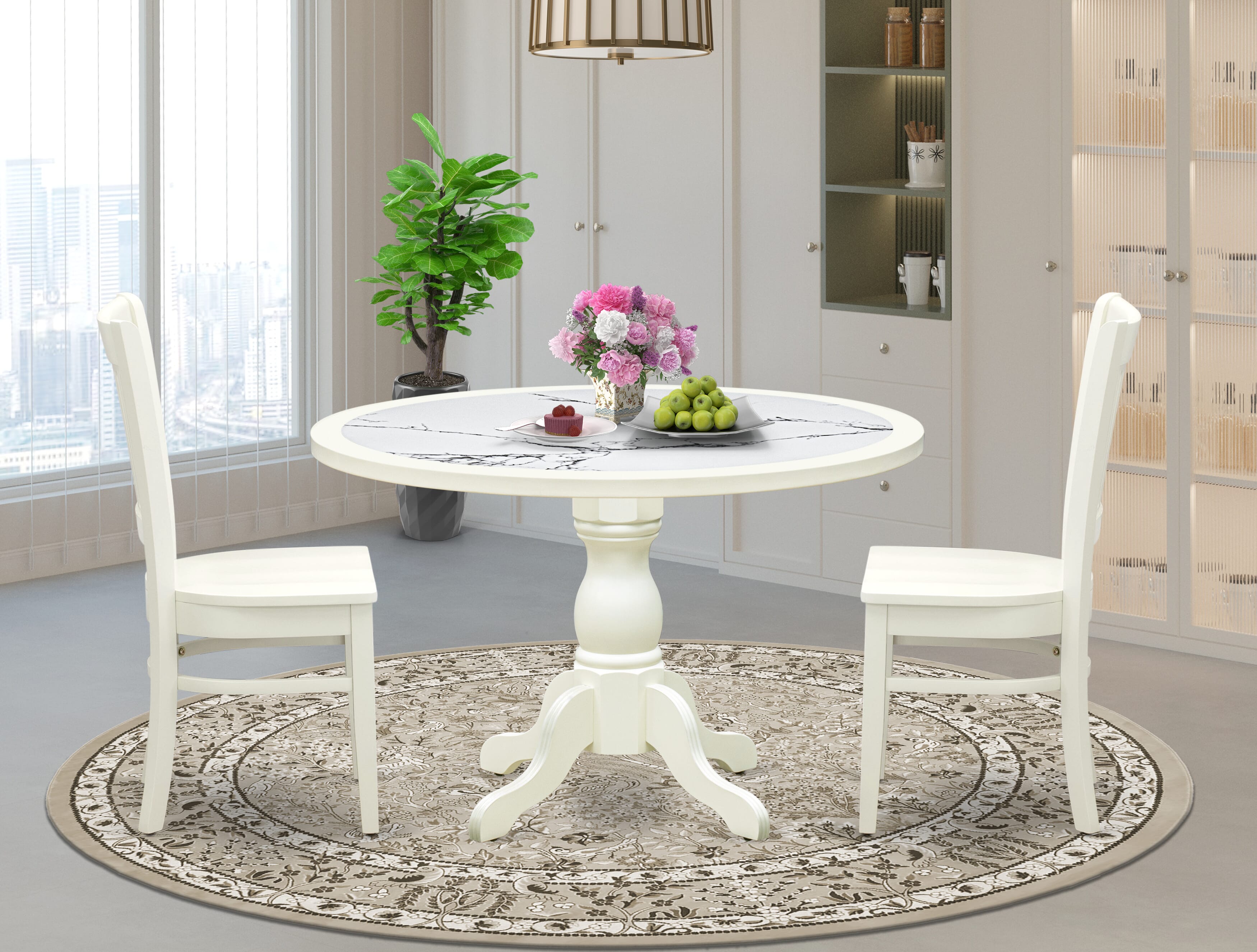 Luxe by East West Furniture 48VA3-204-W 3-Pc Kitchen Dining Table Set Include a Dining Table with Veined Marble Pattern Tabletop and 2 Wooden Chairs, Linen white