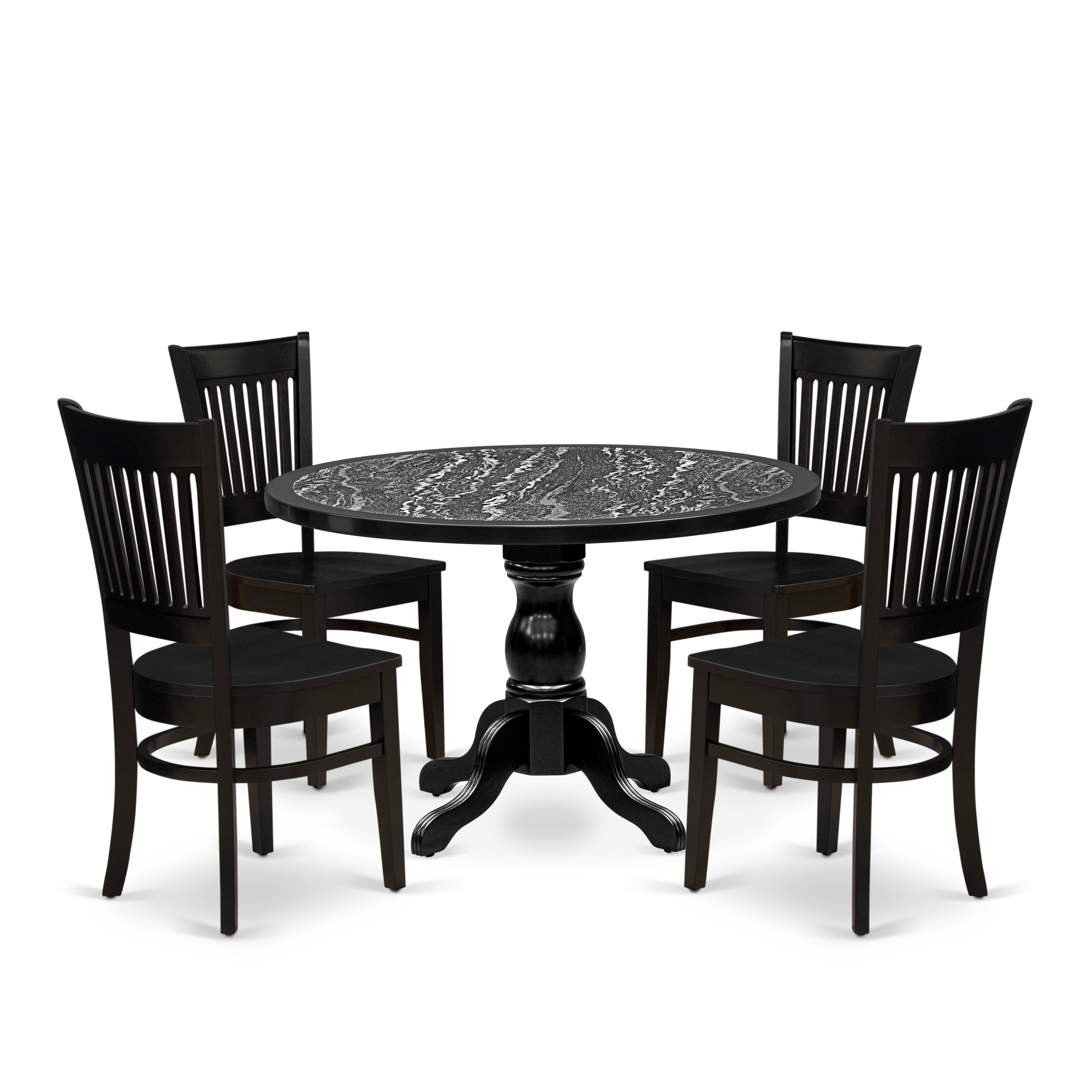 Luxe by East West Furniture 48VA5-109-W 5-Piece modern dining set includes a round pedestal kitchen table and 4 Slatted Back kitchen chairs, Black finish.
