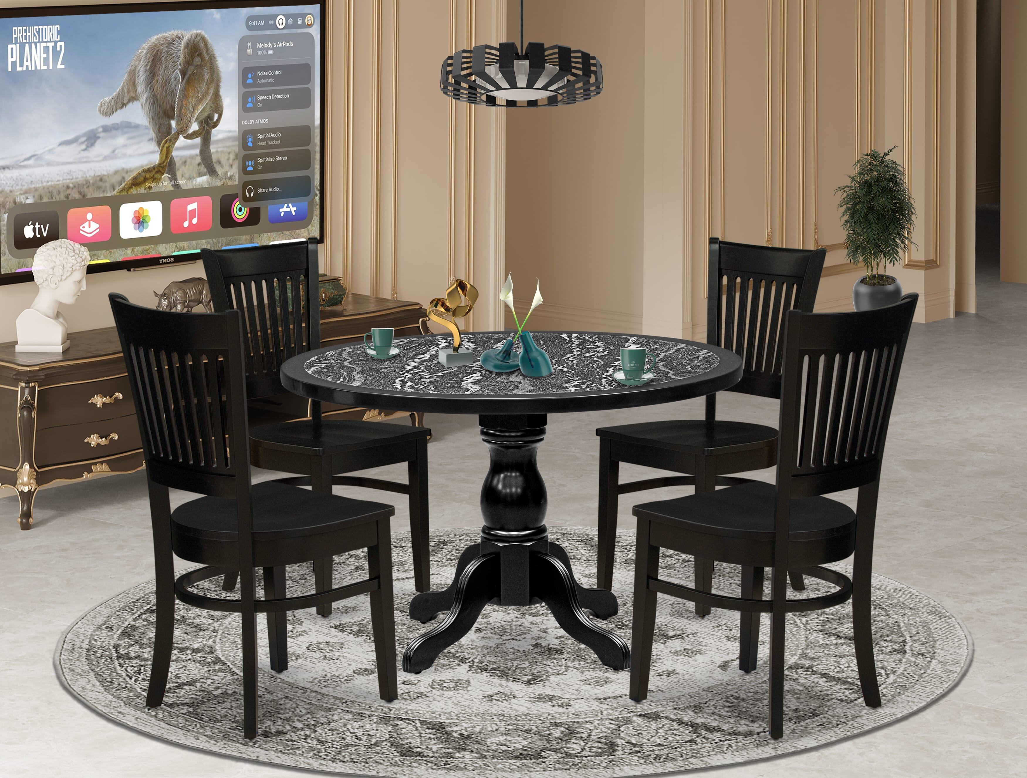 Luxe by East West Furniture 48VA5-109-W 5-Piece modern dining set includes a round pedestal kitchen table and 4 Slatted Back kitchen chairs, Black finish.