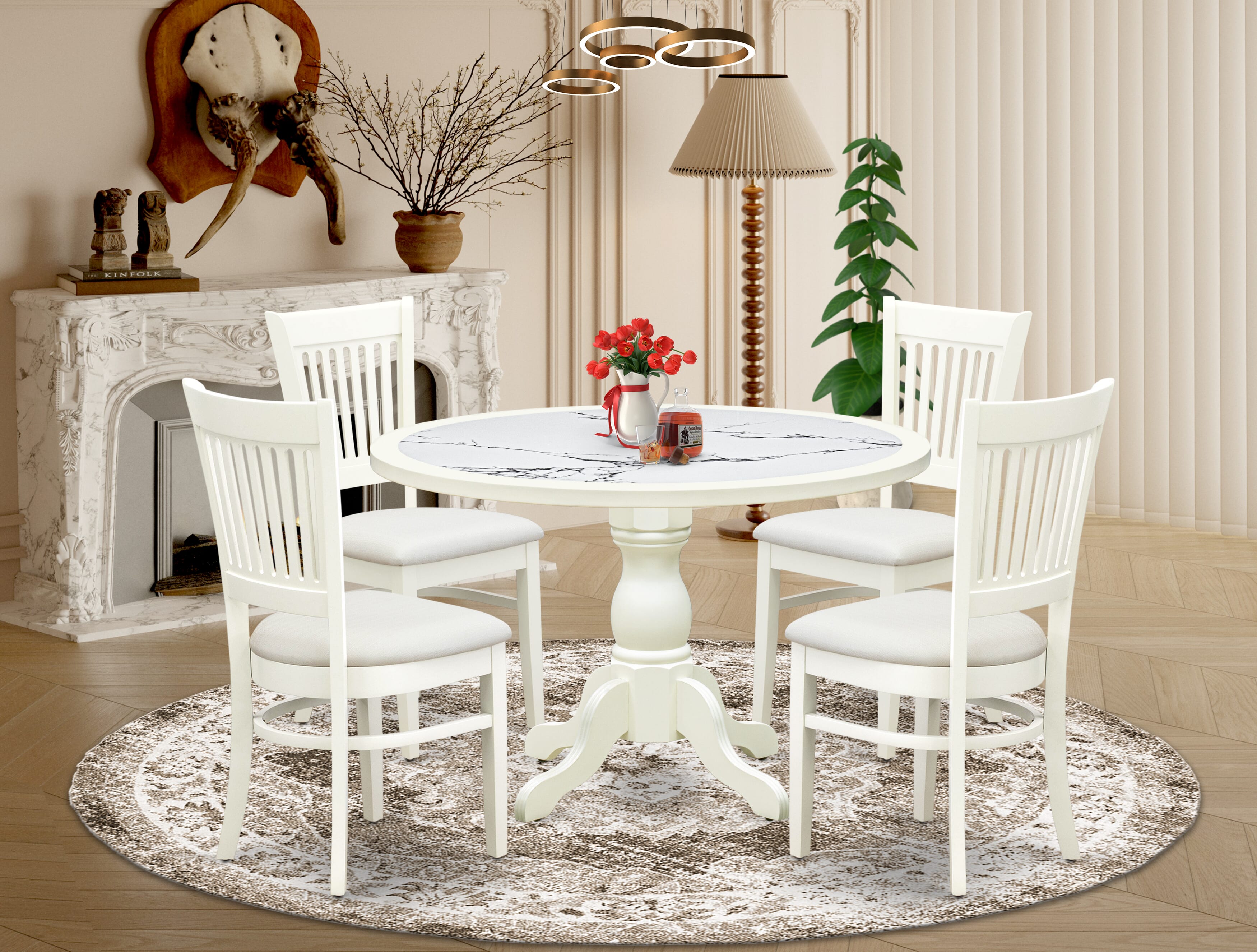 Luxe by East West Furniture 48VA5-204-C 5-Pc Mid Century Dining Set Include a Dining Table with Veined Marble Pattern Tabletop and 4 Linen white Linen Fabric Chairs, Linen white