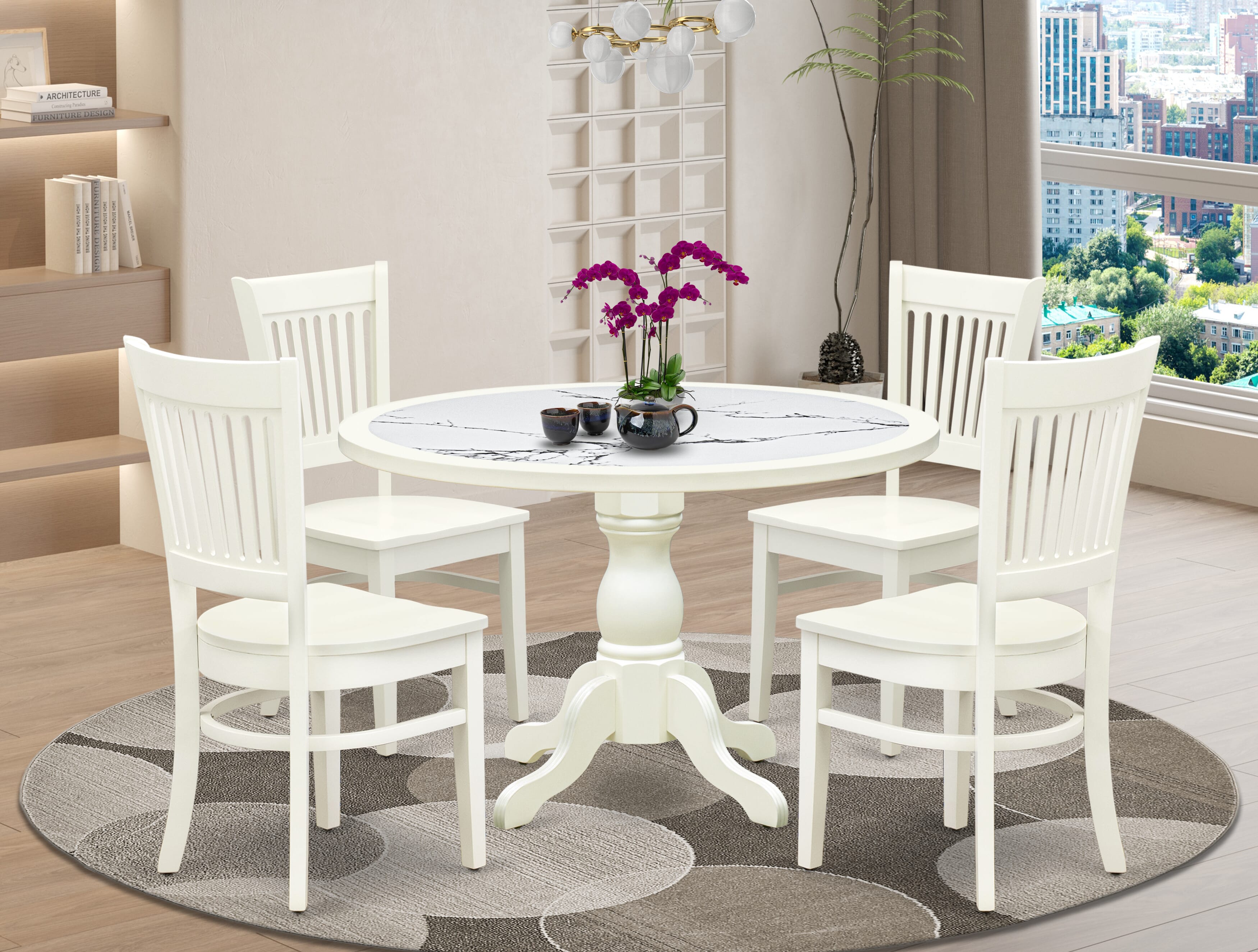 Luxe by East West Furniture 48VA5-204-W 5-Pc Mid Century Modern Dining Set Include a Dining Table with Veined Marble Pattern Tabletop and 4 Wooden Chairs, Linen white
