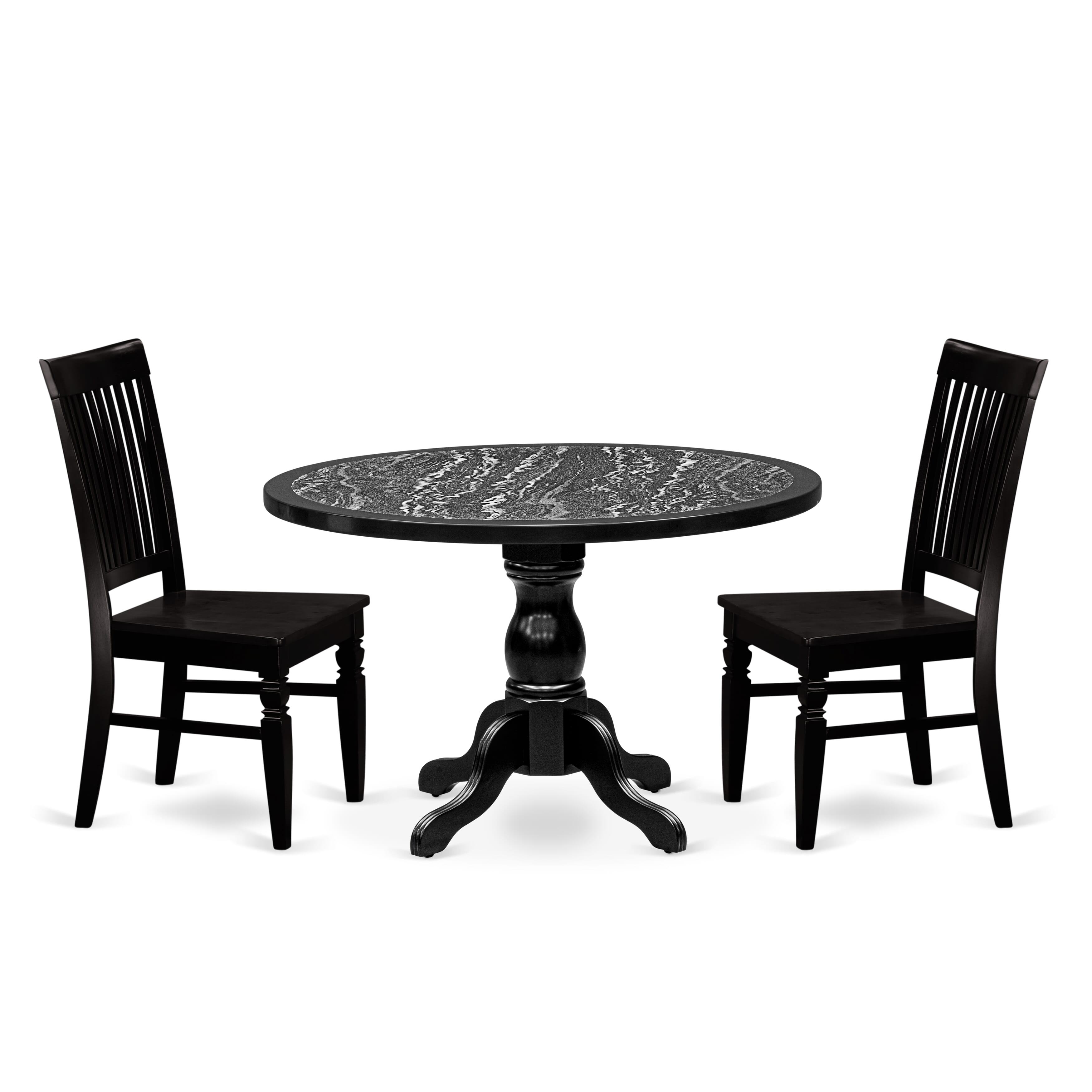 Luxe by East West Furniture 48WE3-109-W 3-piece dining room set Consists a pedestal table and 2 Slatted Back wooden chairs, Black finish.