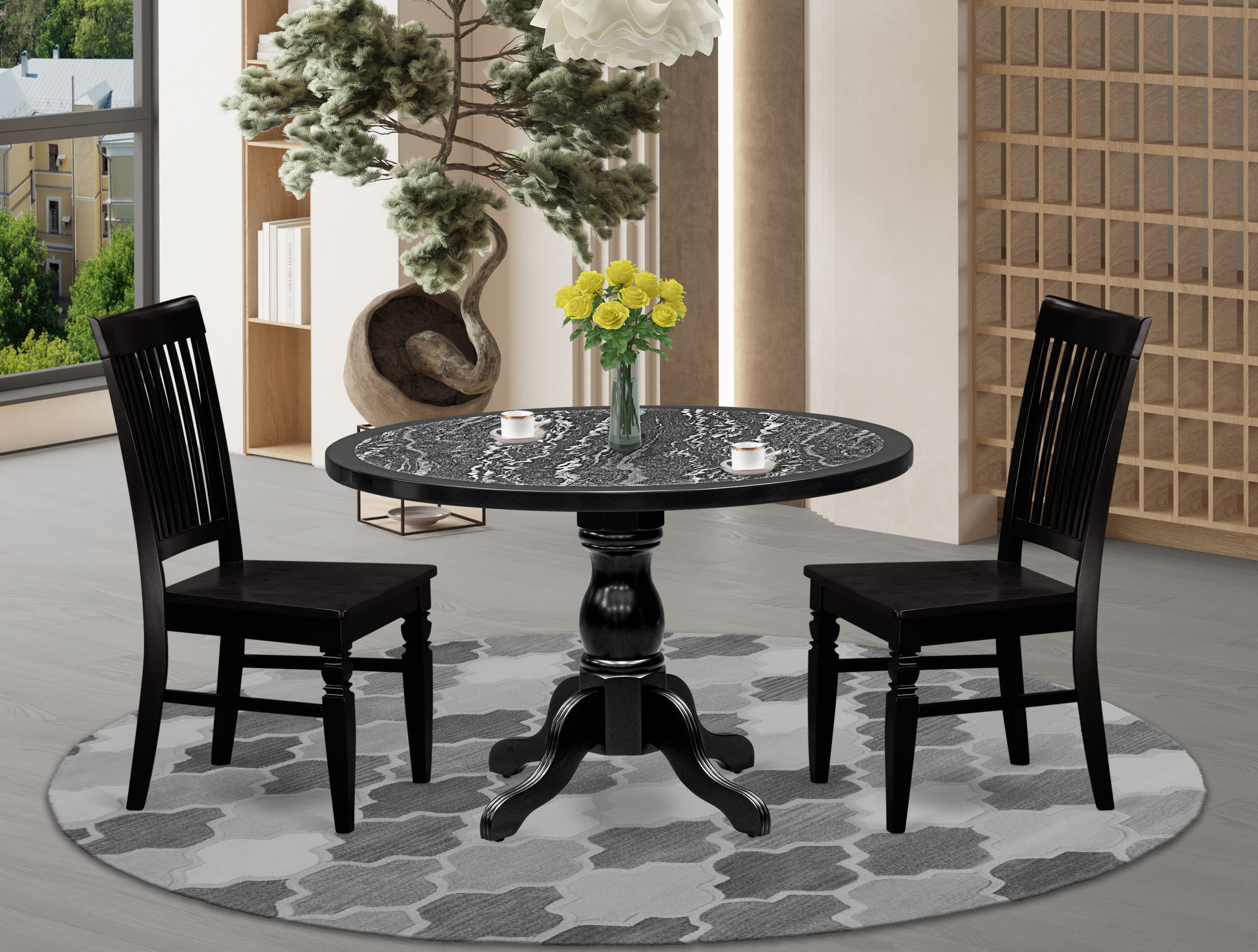 Luxe by East West Furniture 48WE3-109-W 3-piece dining room set Consists a pedestal table and 2 Slatted Back wooden chairs, Black finish.