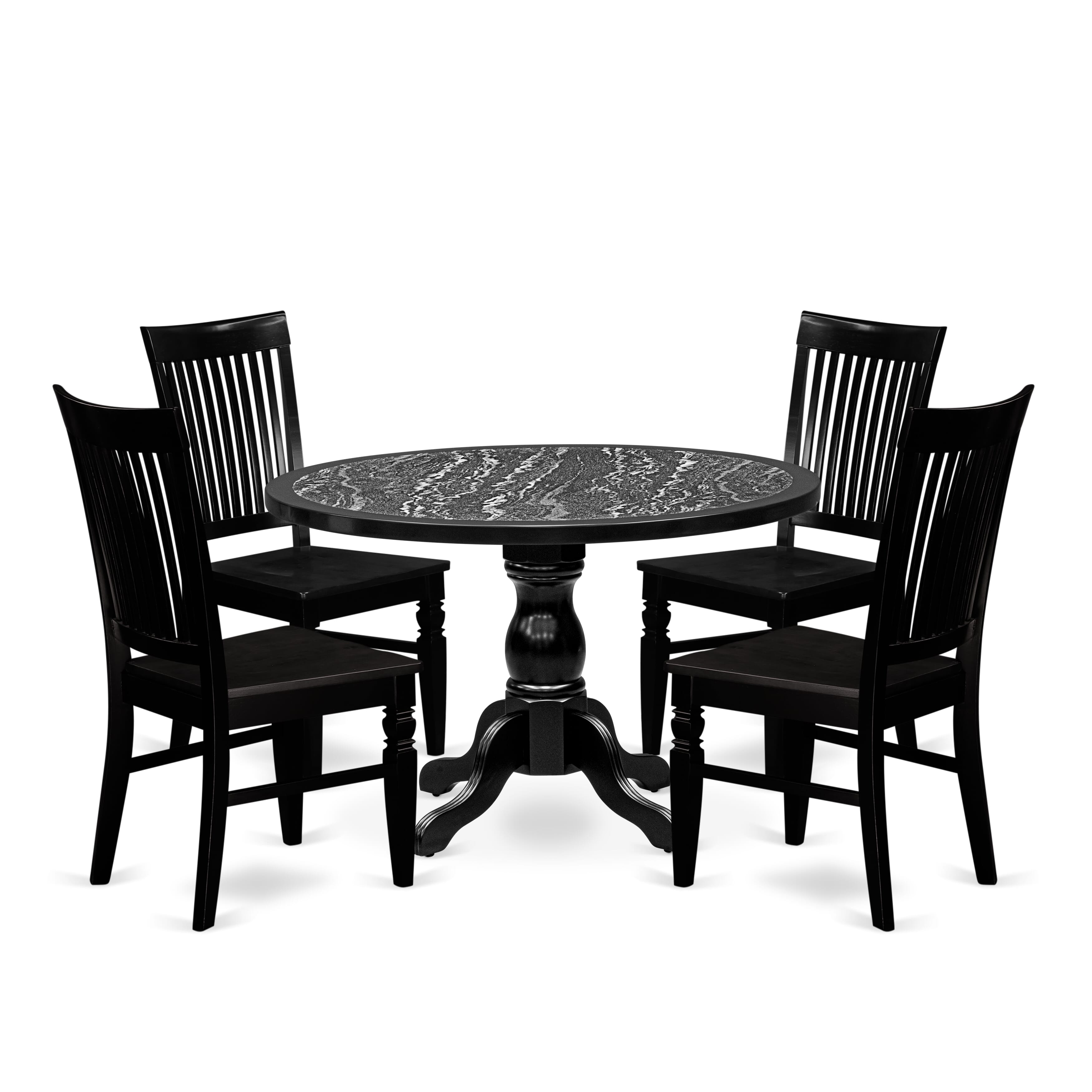 Luxe by East West Furniture 48WE5-109-W 5-piece dining table set includes a pedestal dining table and 4 Slatted Back dining chairs, Black finish.