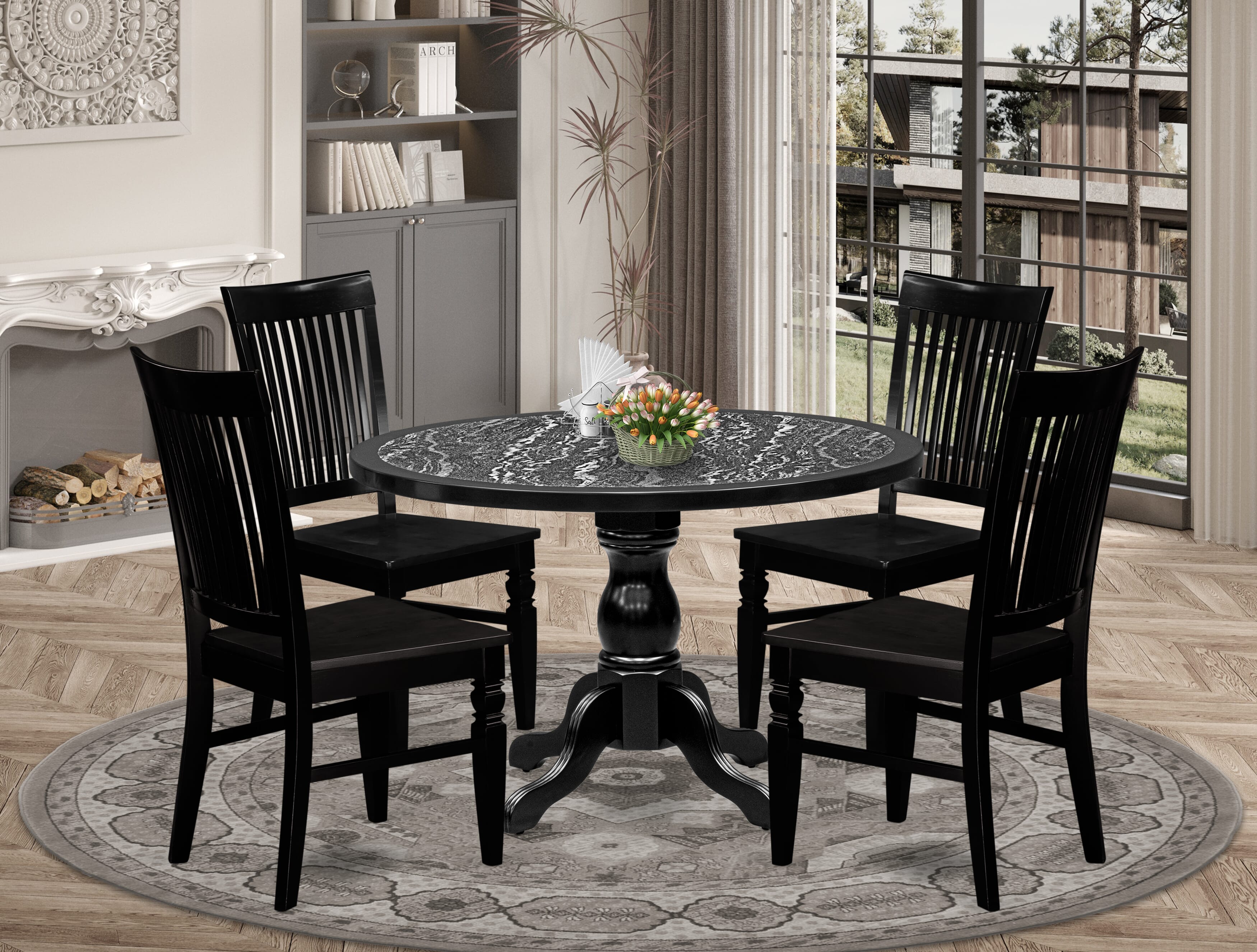 Luxe by East West Furniture 48WE5-109-W 5-piece dining table set includes a pedestal dining table and 4 Slatted Back dining chairs, Black finish.
