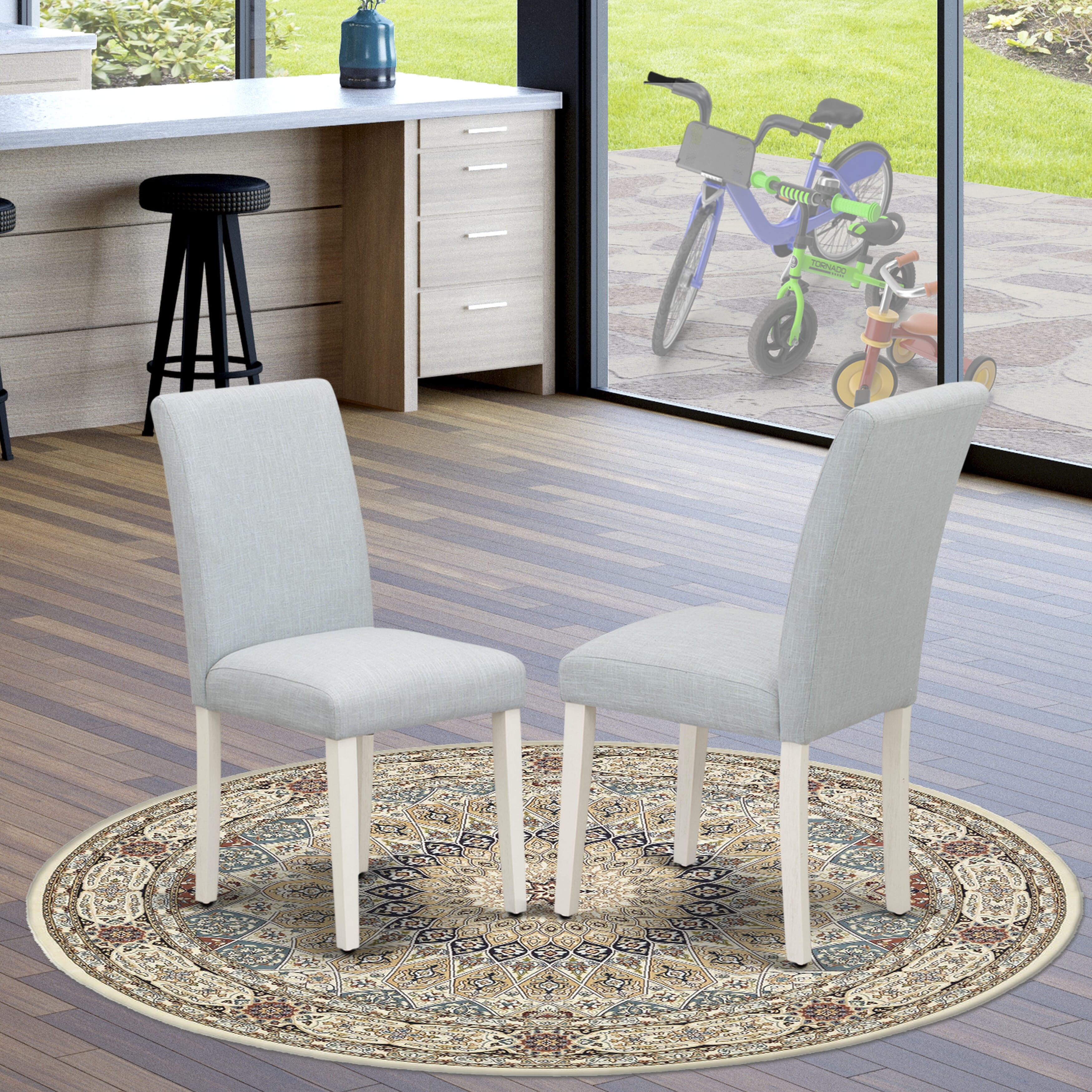 East West Furniture AMAB5-ABC-15 5 Piece Dining Room Set Consists of 1 Wooden Dining Table and 4 Baby Blue Linen Fabric Dining Room Chairs with High Back - Wire Brush Buttercream Finish