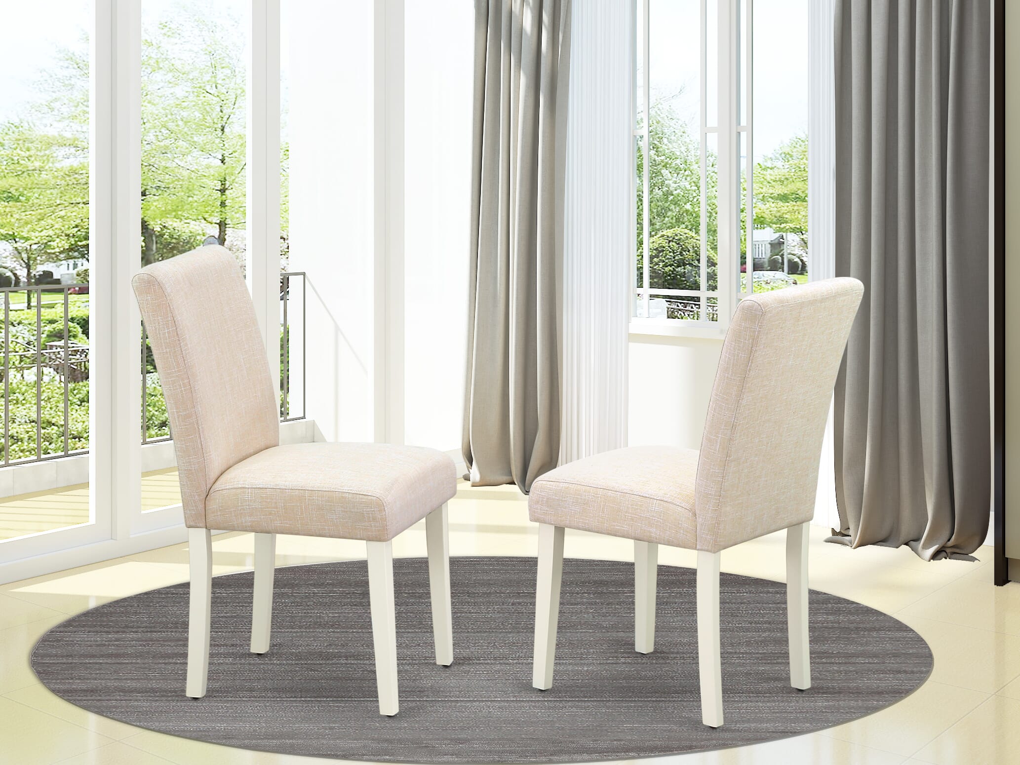 Luxe by East West Furniture 48AB5-204-02 5-Piece dining table set includes a pedestal kitchen table and 4 High Back Parsons chairs with Light Beige Linen Fabric, Linen White finish.