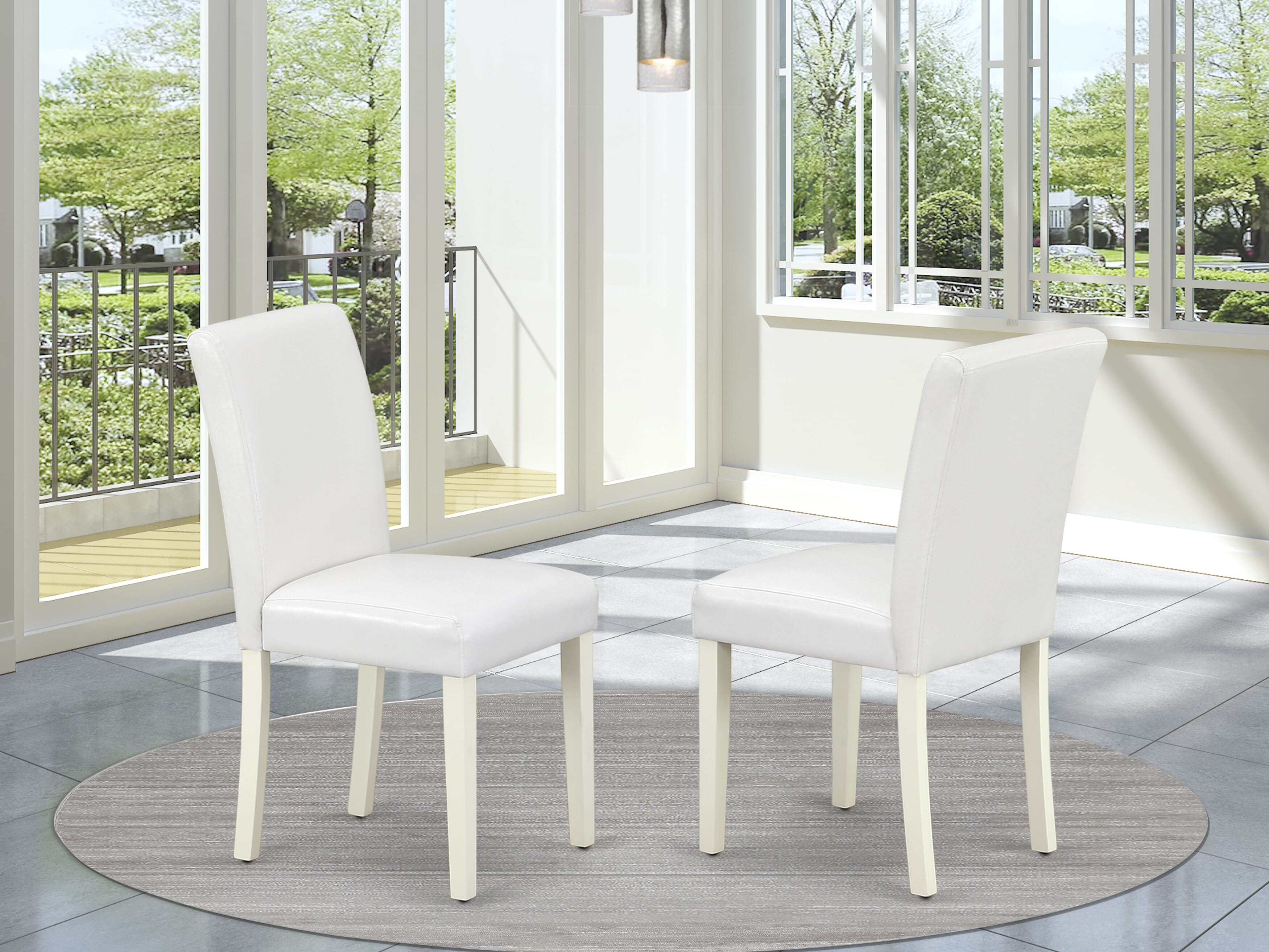East West Furniture 1MZAB3-LWH-64 3Pc Dining Table Set for 2 Includes a Small Dining Table and 2 Parsons Chairs with White Color PU Leather, Drop Leaf Table with Full Back Chairs, Linen White Finish
