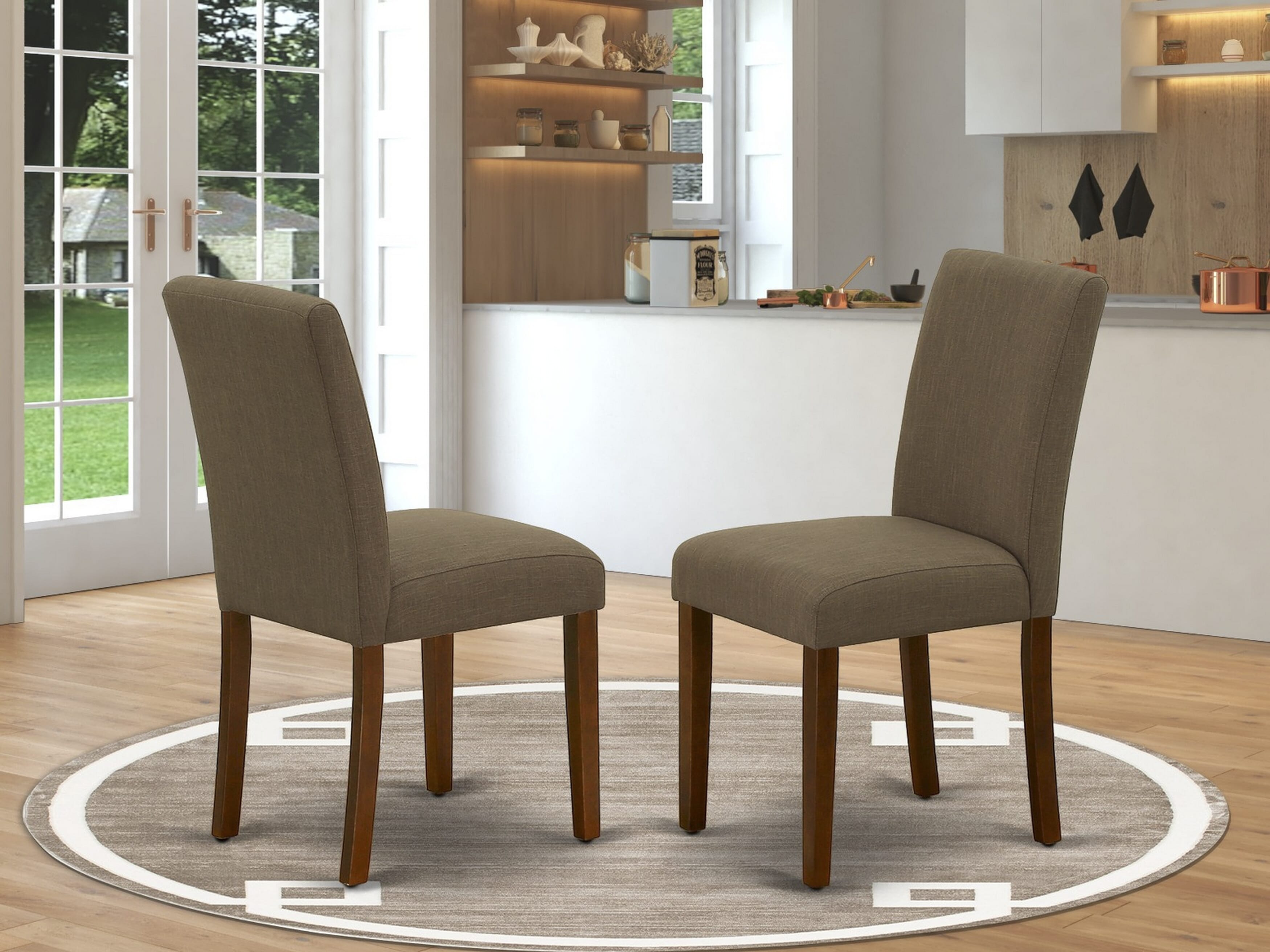 Luxe by East West Furniture 48AB3-312-18 3-Pc Dining Room Table Set Include a Dining Table with Rippled Sand Marble Pattern Tabletop and 2 Coffee Linen Fabric Chairs, Mahogany