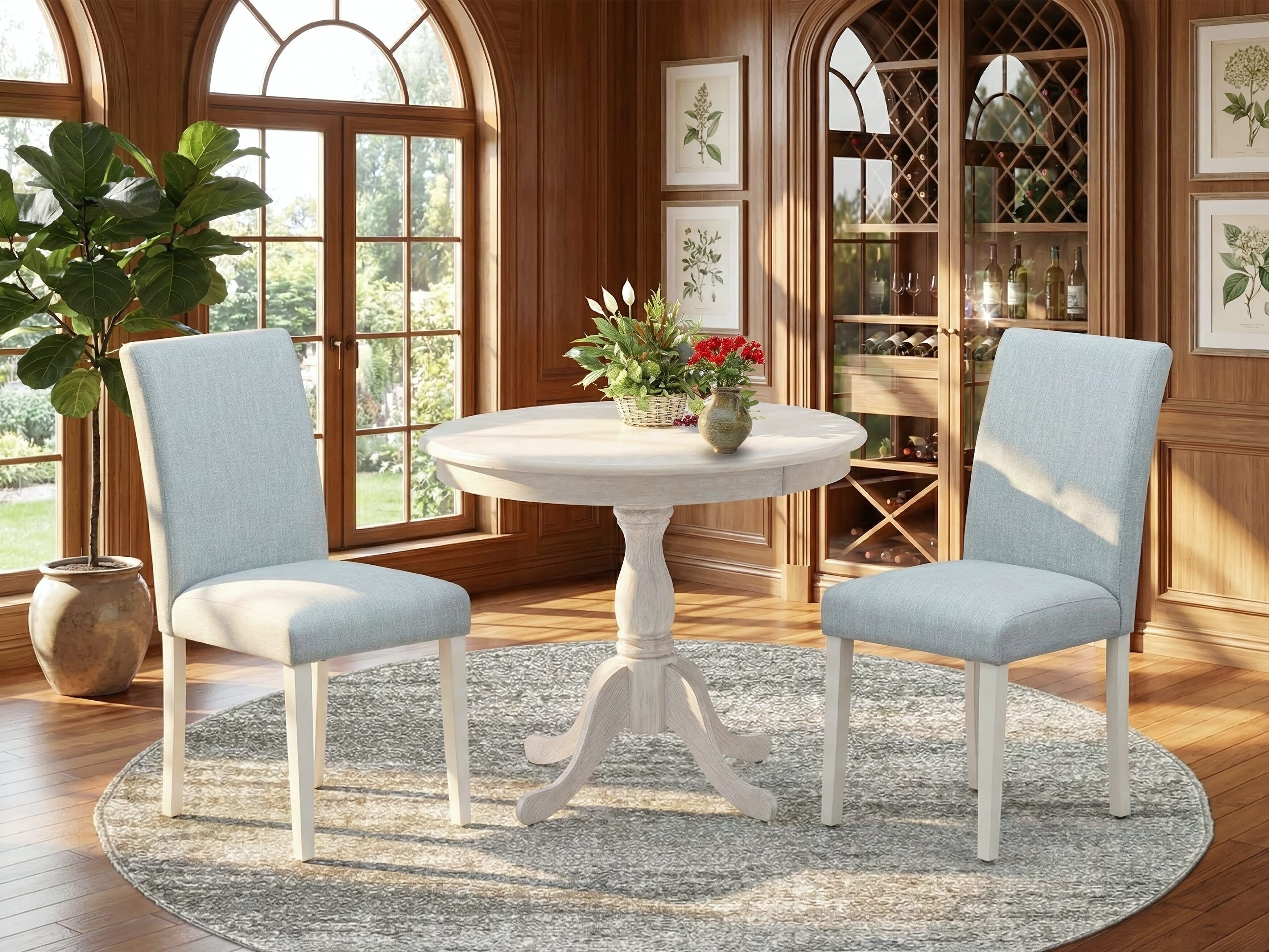East West Furniture AMAB3-ABC-15 3 Piece Kitchen Table Set Consists of 1 Modern Dining Table and 2 Baby Blue Linen Fabric Dining Room Chairs with High Back - Wire Brush Butter cream Finish