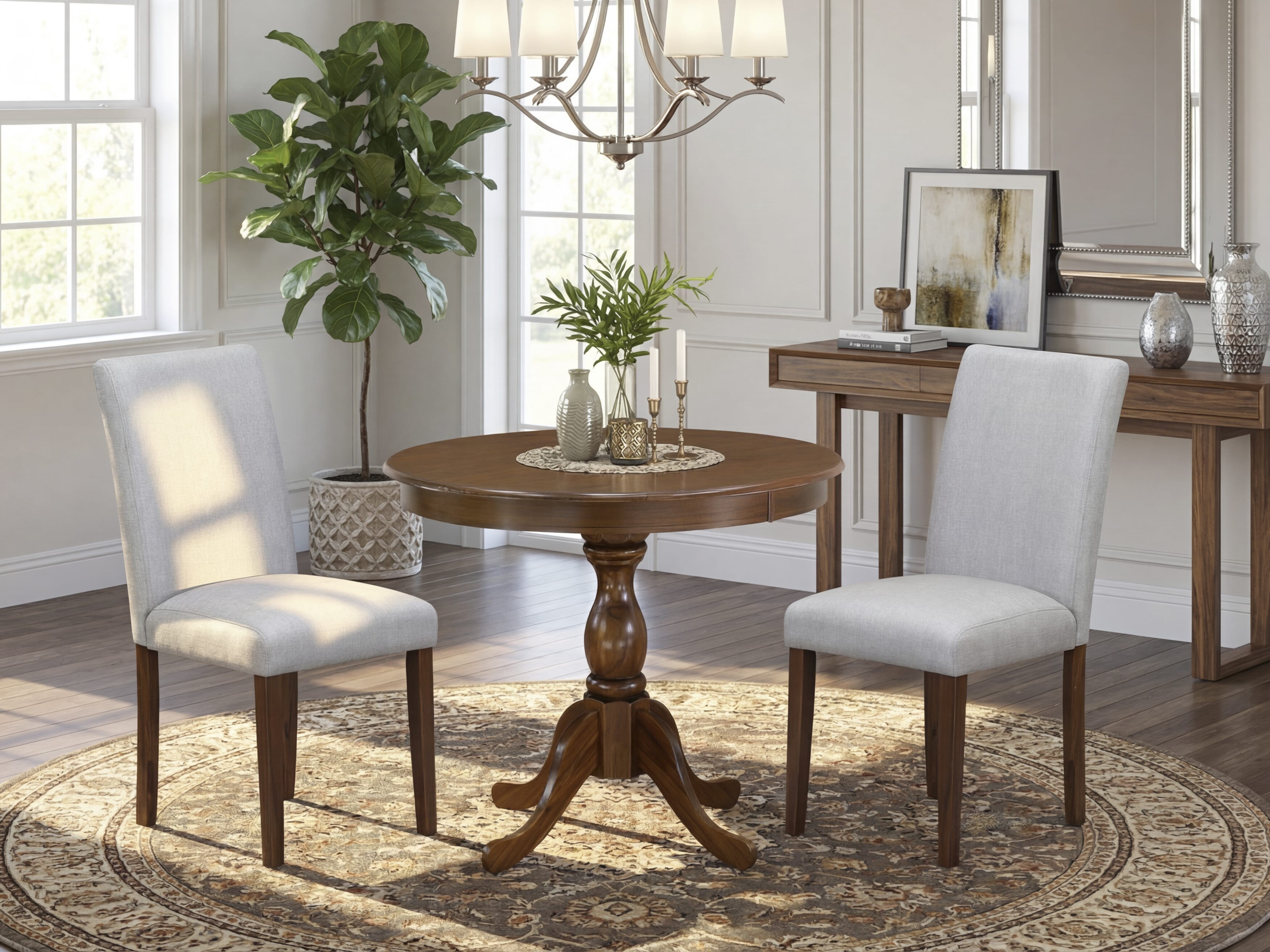 East West Furniture AMAB3-ABC-15 3 Piece Kitchen Table Set Consists of 1 Modern Dining Table and 2 Baby Blue Linen Fabric Dining Room Chairs with High Back - Wire Brush Butter cream Finish