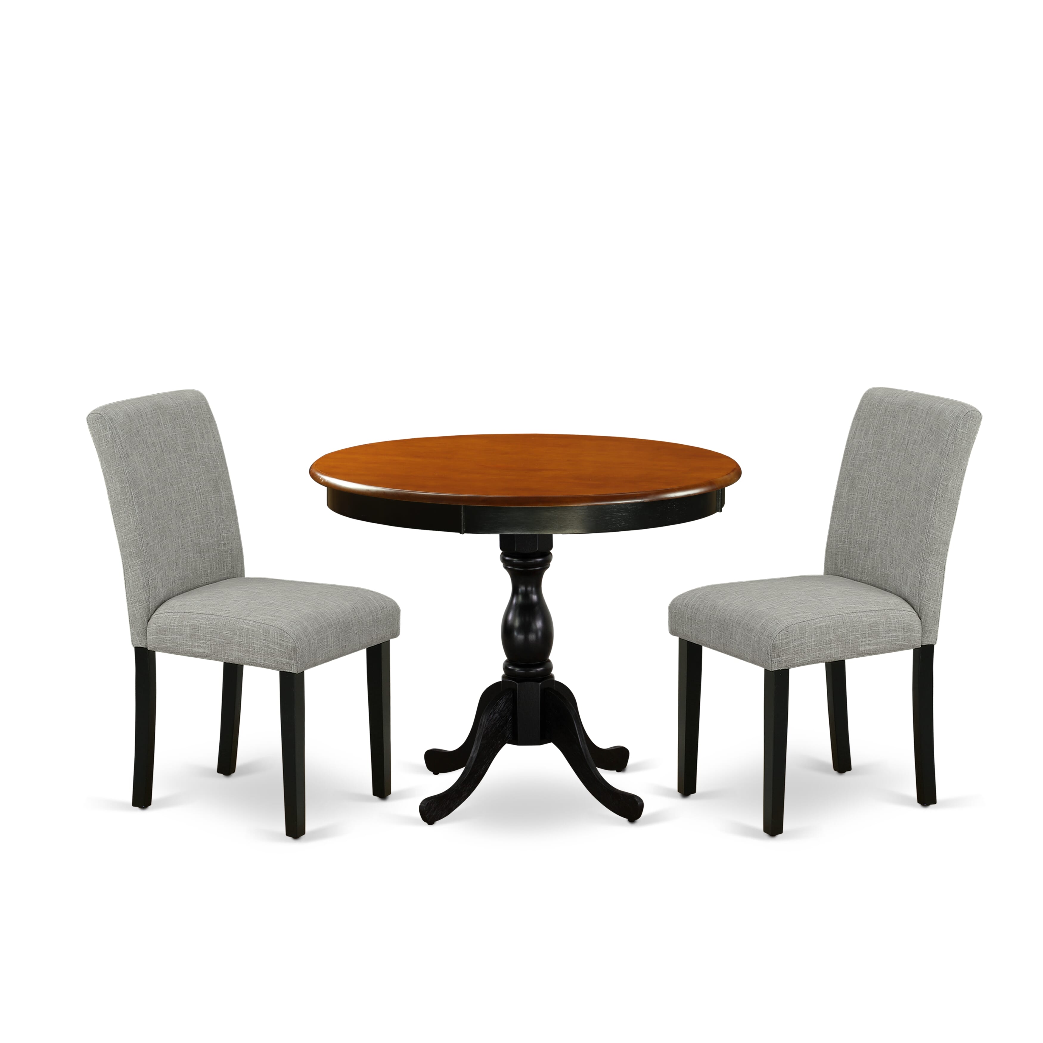 East West Furniture AMAB3-BCH-06 3-Pc Dinning Room Set Contains a Round Dining Room Table and 2 Shitake Linen Fabric Dinner Chairs with High Back - Black Finish