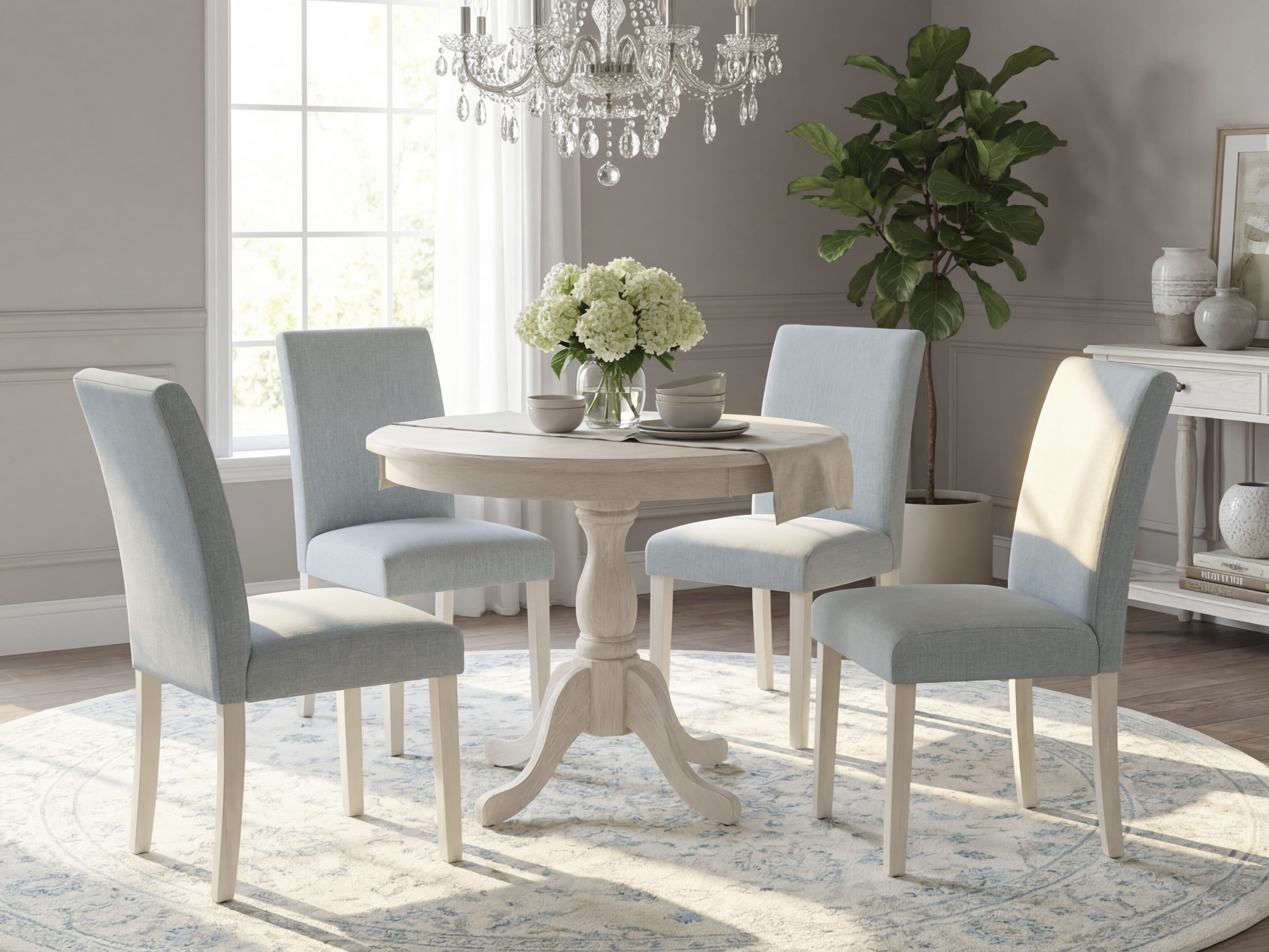 East West Furniture AMAB5-ABC-15 5 Piece Dining Room Set Consists of 1 Wooden Dining Table and 4 Baby Blue Linen Fabric Dining Room Chairs with High Back - Wire Brush Buttercream Finish