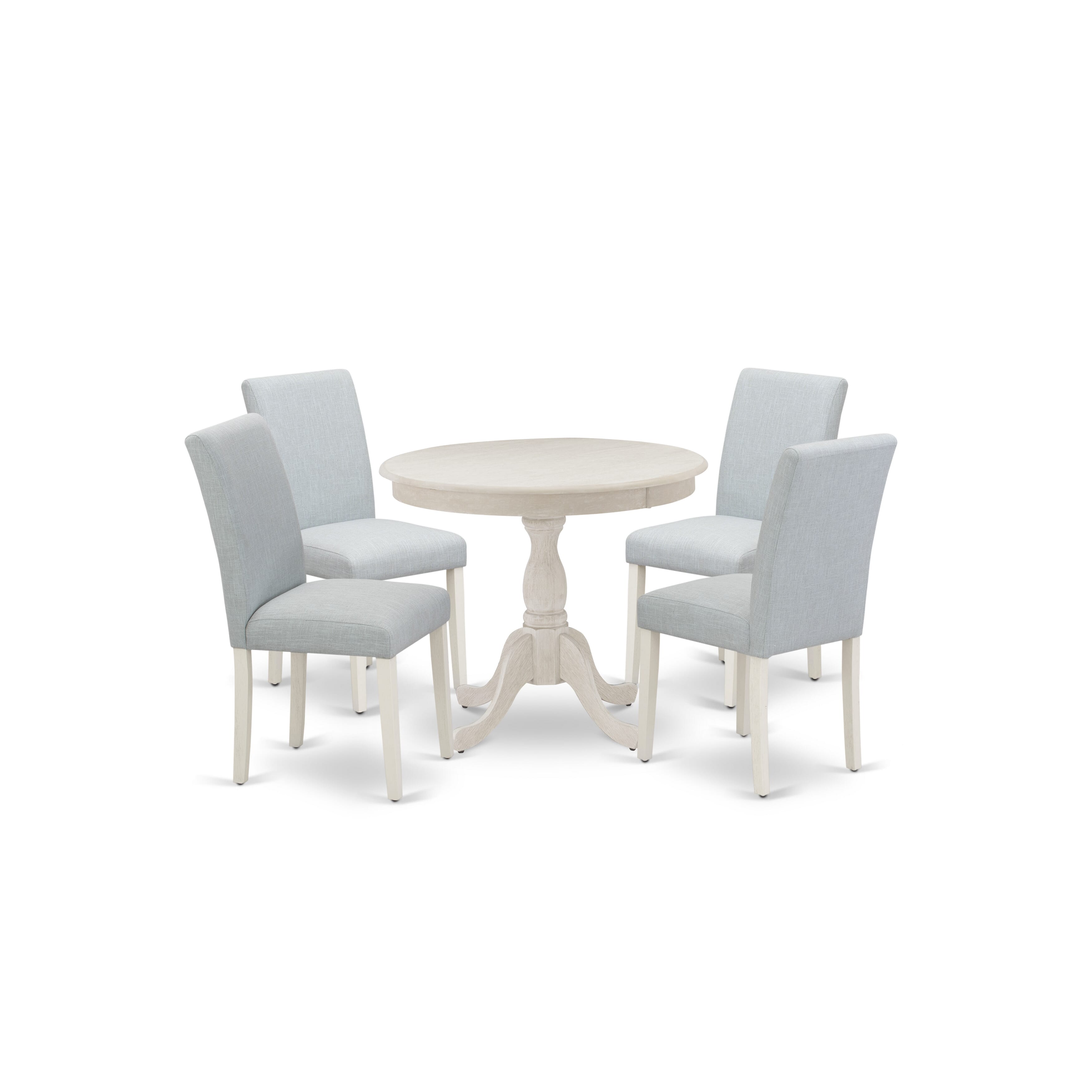 East West Furniture AMAB5-ABC-15 5 Piece Dining Room Set Consists of 1 Wooden Dining Table and 4 Baby Blue Linen Fabric Dining Room Chairs with High Back - Wire Brush Buttercream Finish