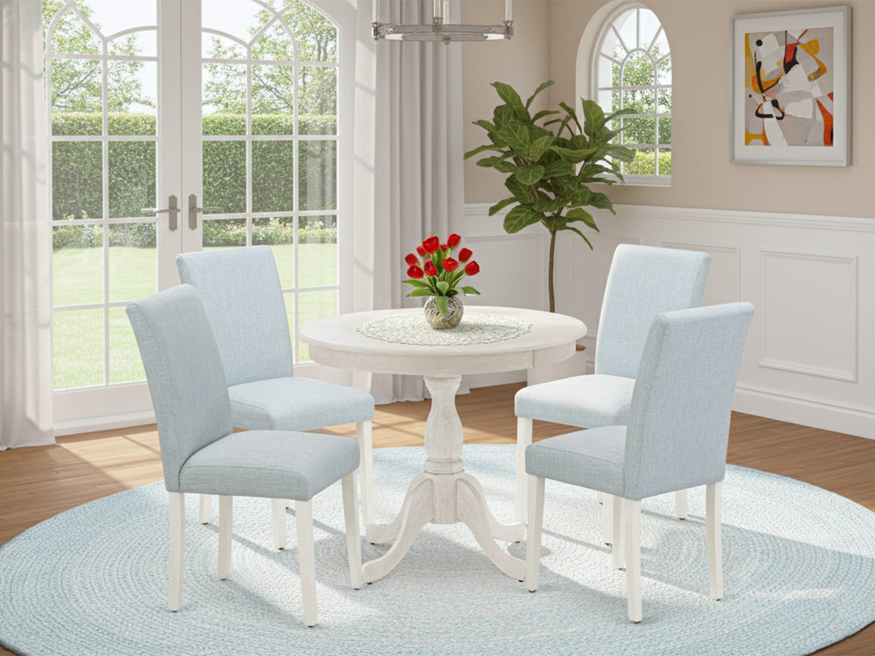 East West Furniture AMAB5-ABC-15 5 Piece Dining Room Set Consists of 1 Wooden Dining Table and 4 Baby Blue Linen Fabric Dining Room Chairs with High Back - Wire Brush Buttercream Finish