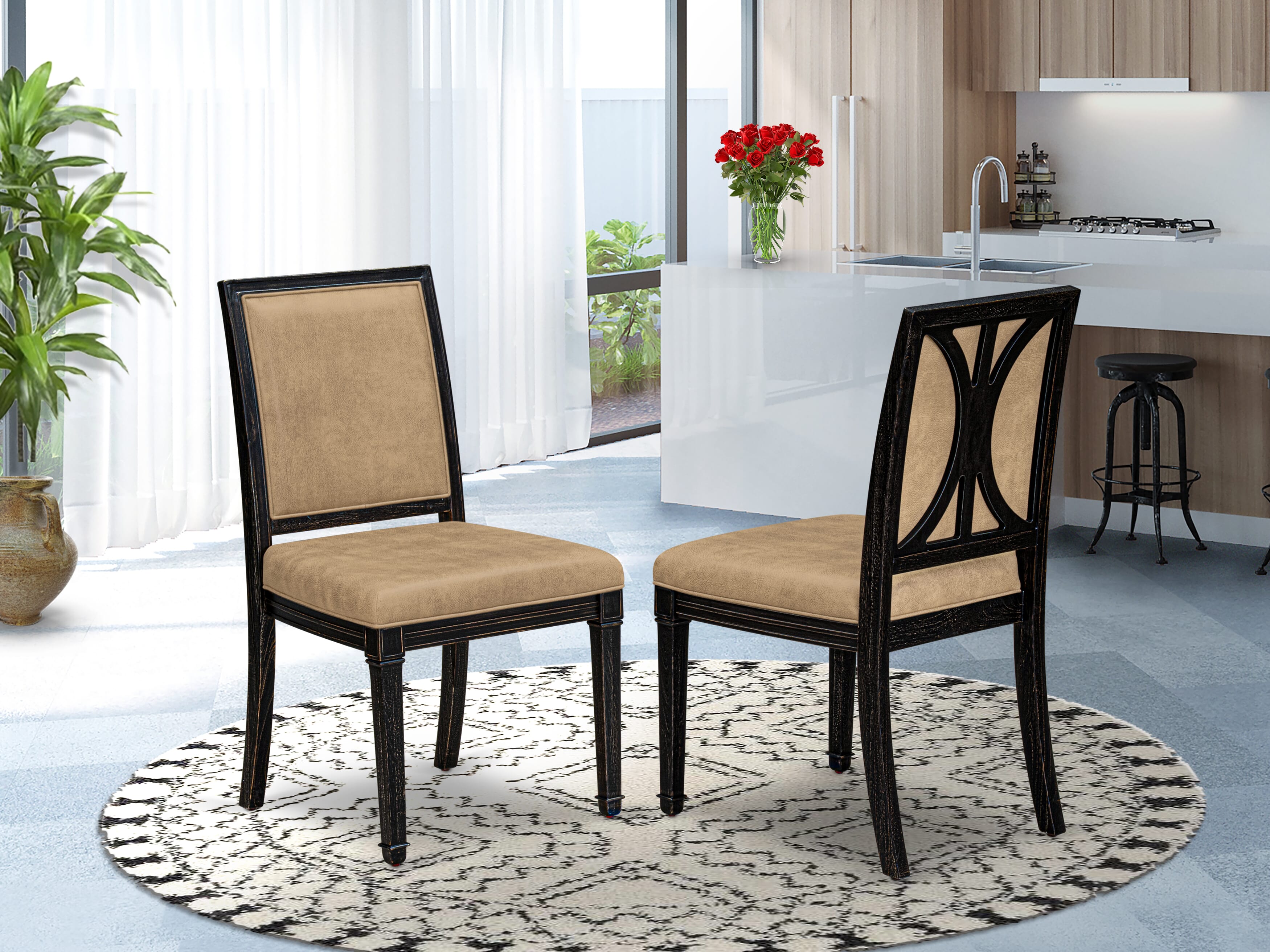 Luxe by East West Furniture NEAM9-SBB-28 9-piece Dining Table Set includes a Modern Dining Table and 8 Beige PU Leather kitchen Chairs with High Back - Sand Blasting Black Finish