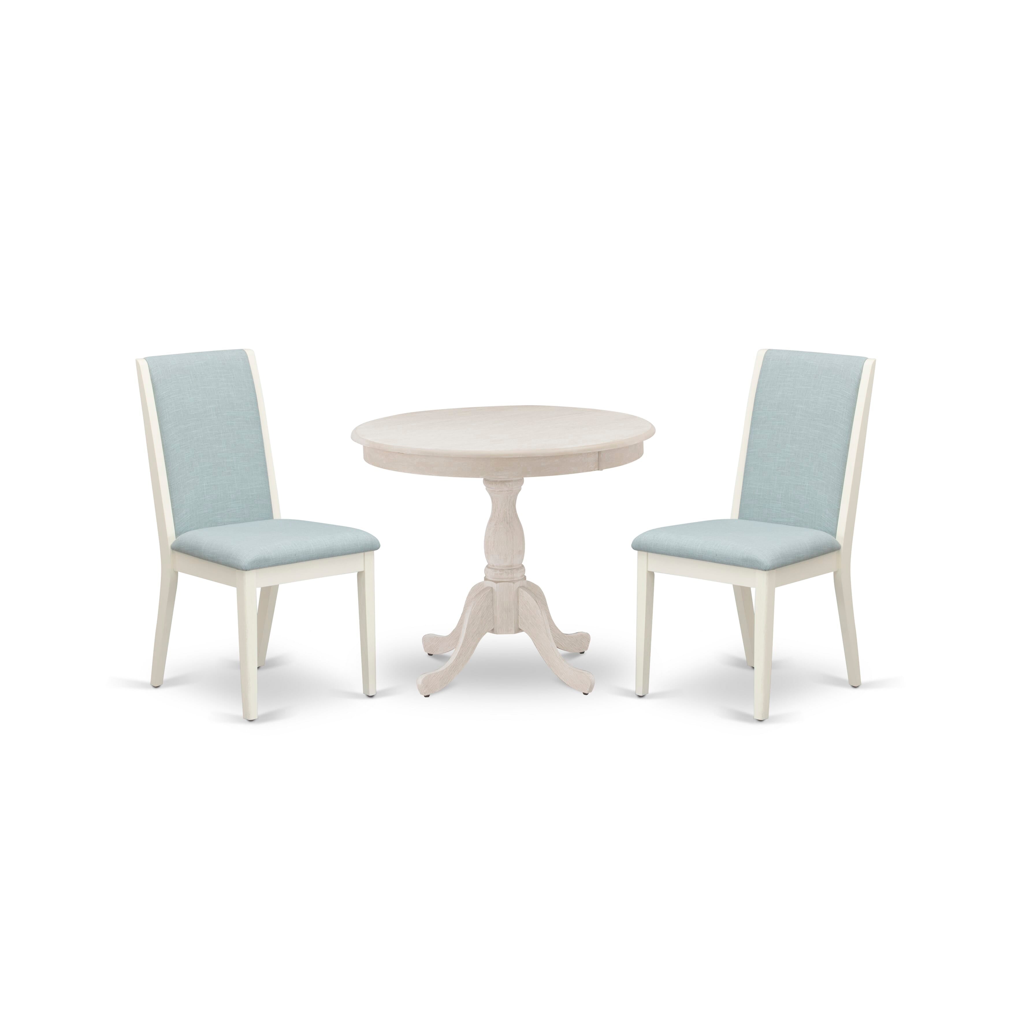 East West Furniture AMLA3-ABC-15 3 Piece Kitchen Table Set Contains 1 Mid Century Dining Table and 2 Baby Blue Linen Fabric Parson Chairs with High Back - Wire Brush Buttercream Finish