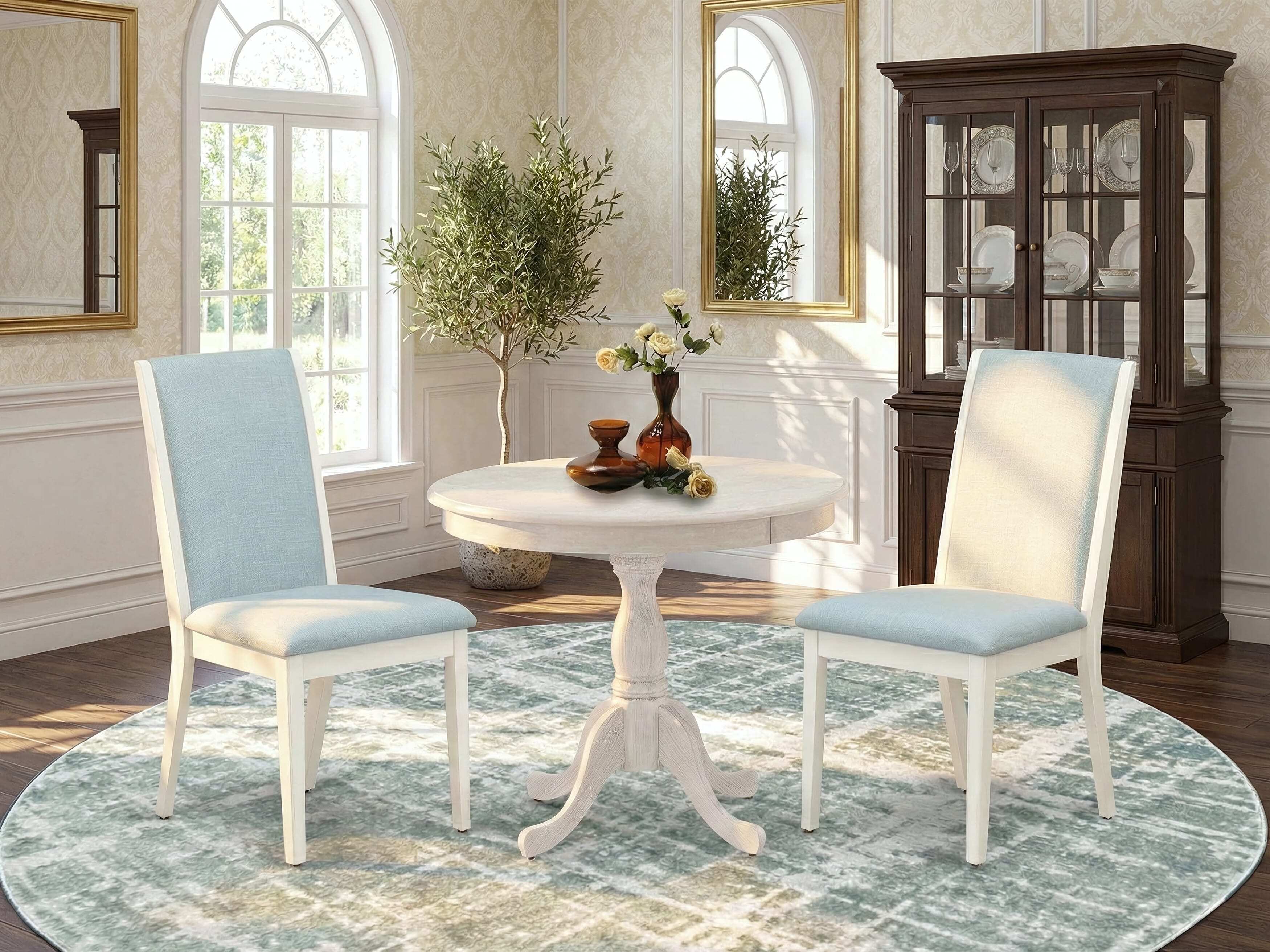 East West Furniture AMLA3-ABC-15 3 Piece Kitchen Table Set Contains 1 Mid Century Dining Table and 2 Baby Blue Linen Fabric Parson Chairs with High Back - Wire Brush Buttercream Finish