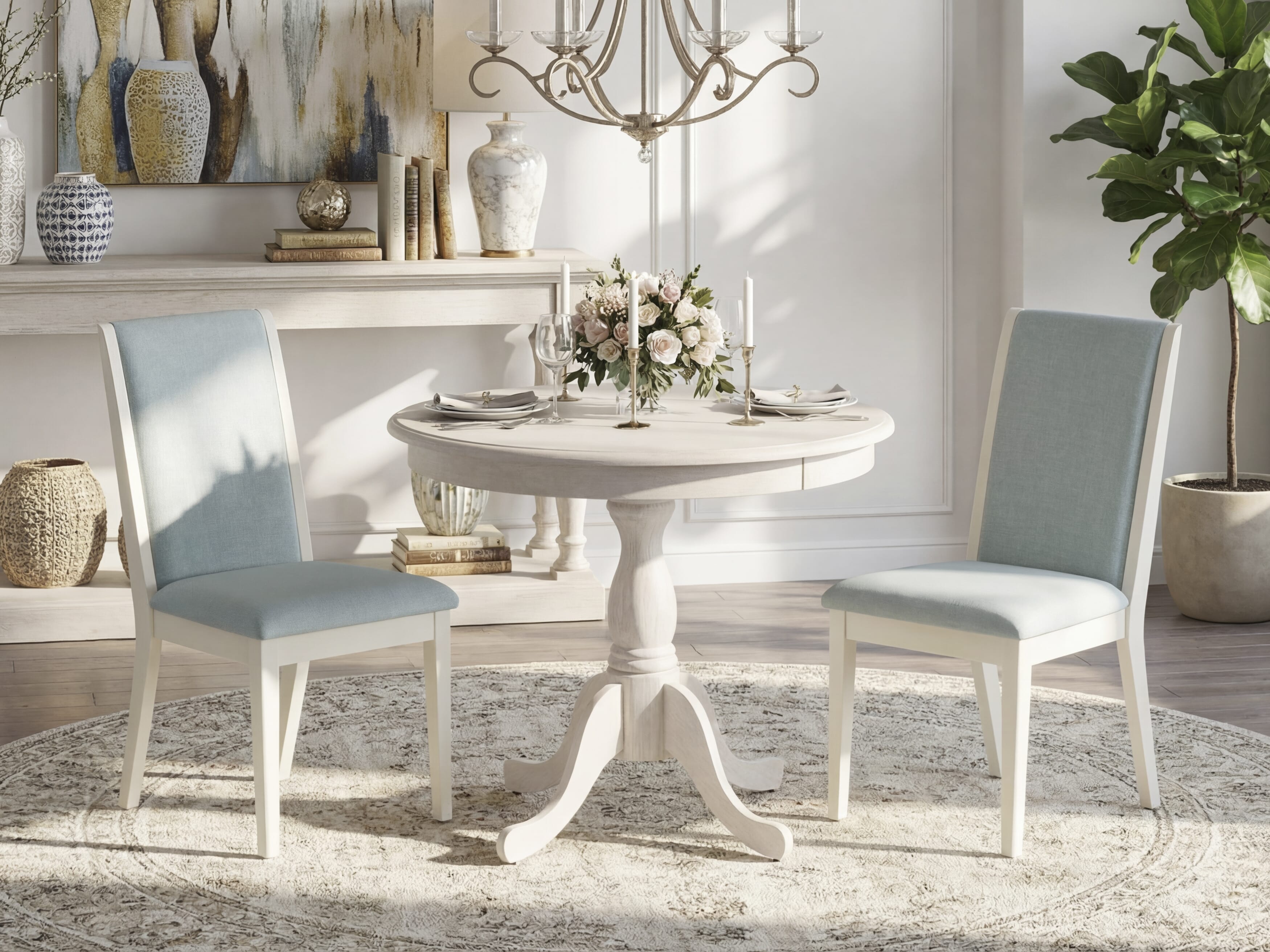 East West Furniture AMLA3-ABC-15 3 Piece Kitchen Table Set Contains 1 Mid Century Dining Table and 2 Baby Blue Linen Fabric Parson Chairs with High Back - Wire Brush Buttercream Finish