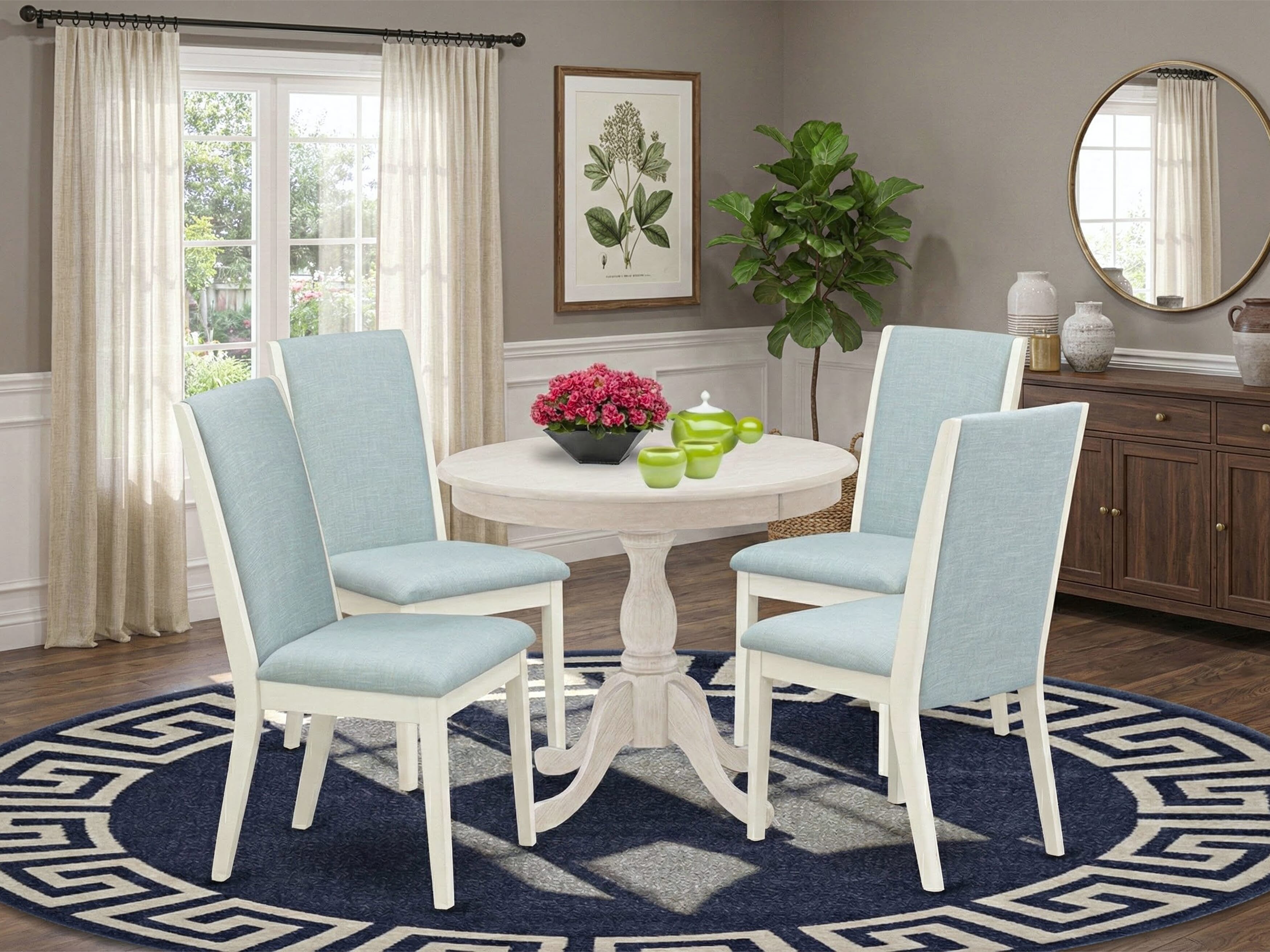 East West Furniture AMLA5-ABC-15 5 Piece Dining Table Set Includes 1 Dinner Table and 4 Baby Blue Linen Fabric Upholstered Dining Chairs with High Back - Wire Brush Buttercream Finish