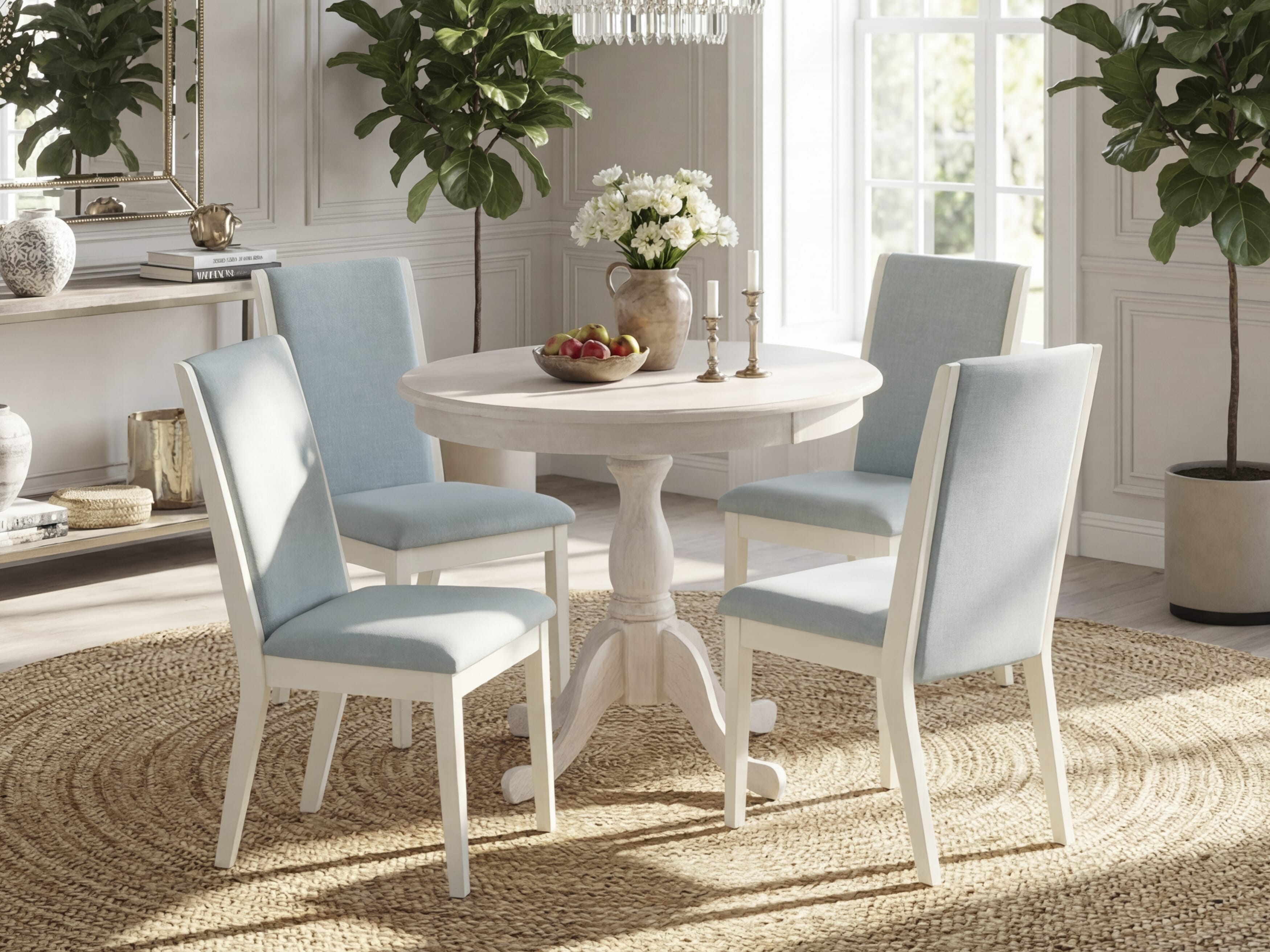 East West Furniture AMLA5-ABC-15 5 Piece Dining Table Set Includes 1 Dinner Table and 4 Baby Blue Linen Fabric Upholstered Dining Chairs with High Back - Wire Brush Buttercream Finish