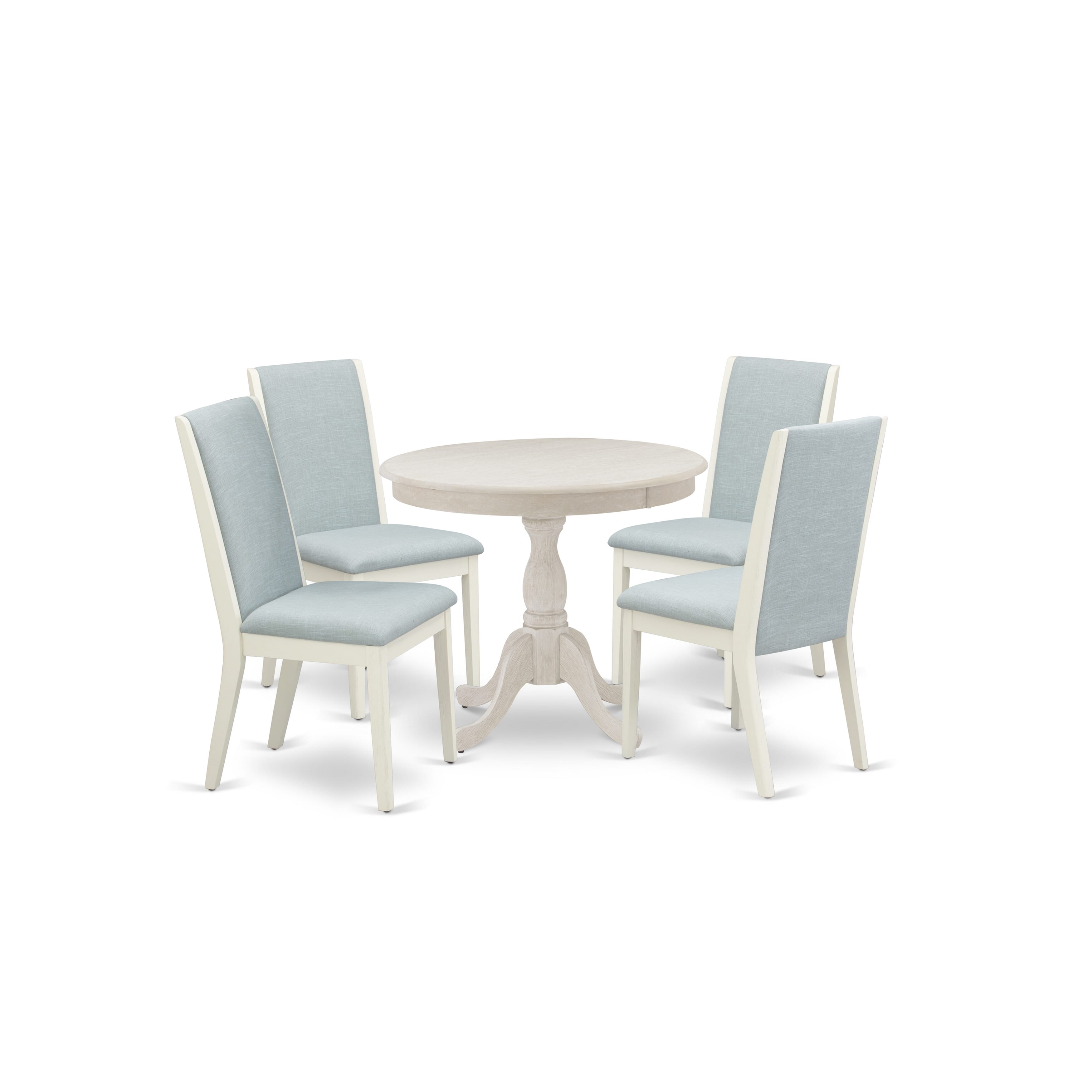 East West Furniture AMLA5-ABC-15 5 Piece Dining Table Set Includes 1 Dinner Table and 4 Baby Blue Linen Fabric Upholstered Dining Chairs with High Back - Wire Brush Buttercream Finish