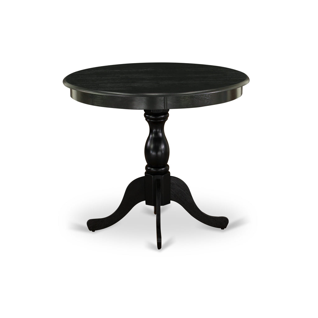 East West Furniture AMX25-ABK-30 -5 Piece Dining Set Includes a Round Kitchen Table with Wire Brushed Black Tabletop & 4 Stackable Faux Leather Chairs