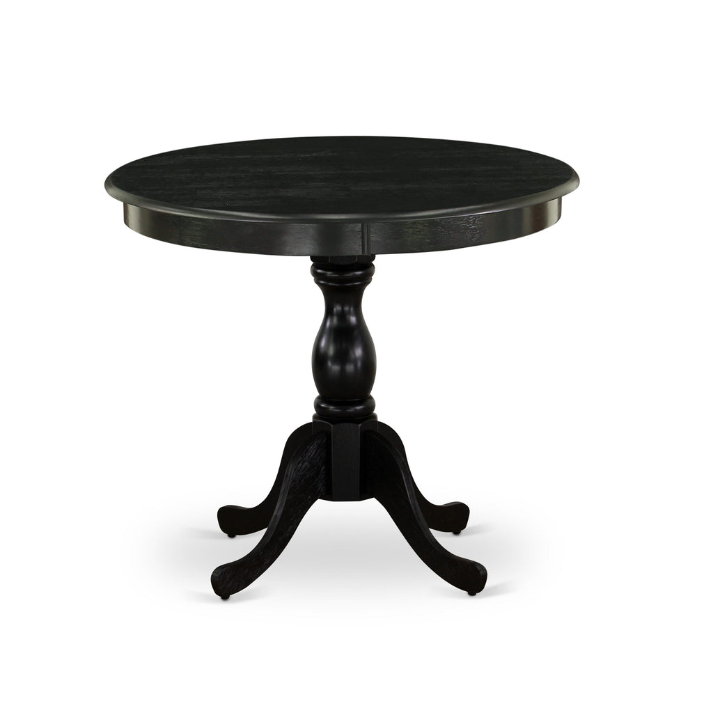 East West Furniture AMX15-ABK-24 -5 Piece Dining Set Includes a Round Kitchen Table with Wire Brushed Black Tabletop & 4 Stackable Linen Fabric Chairs
