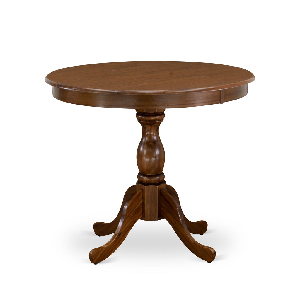 East West Furniture ASX25-AWA-28 -5 Piece Dining Set Includes a Round Kitchen Table with Antique Walnut Tabletop and 4 Stackable Faux Leather Chairs