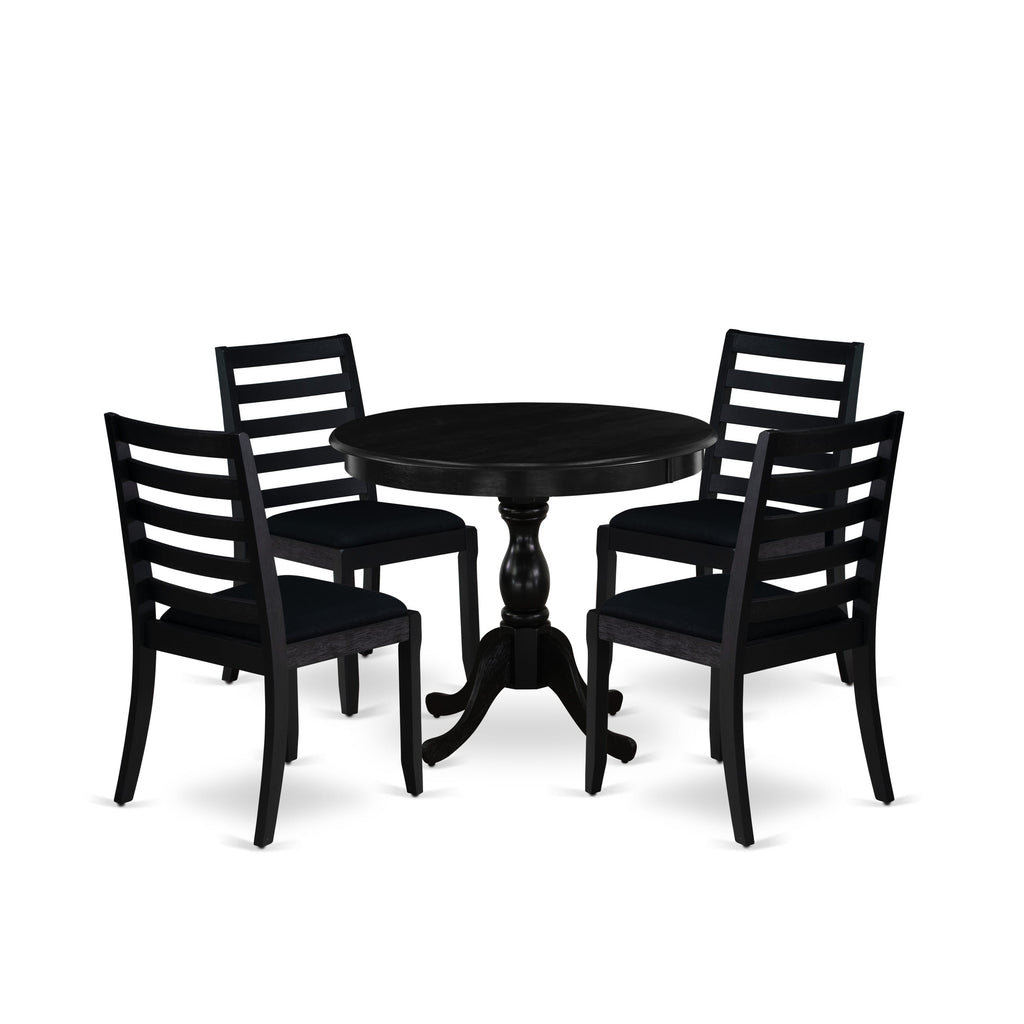 East West Furniture AMX15-ABK-24 -5 Piece Dining Set Includes a Round Kitchen Table with Wire Brushed Black Tabletop & 4 Stackable Linen Fabric Chairs