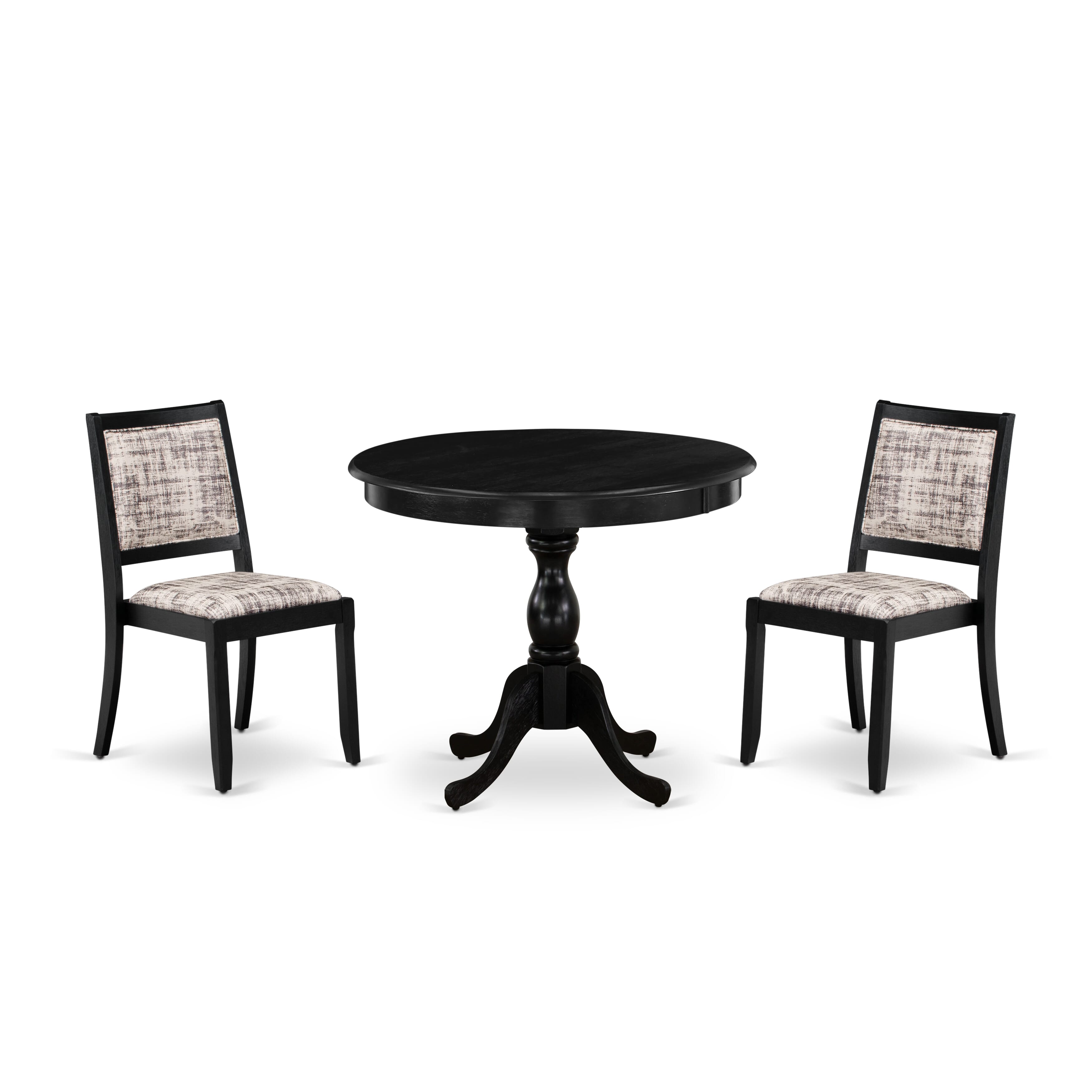 East West Furniture AMX23-ABK-30 -3 Piece Dining Set Includes a Round Table & 2 Stackable Faux Leather Fabric Chairs, Wire Brushed Black
