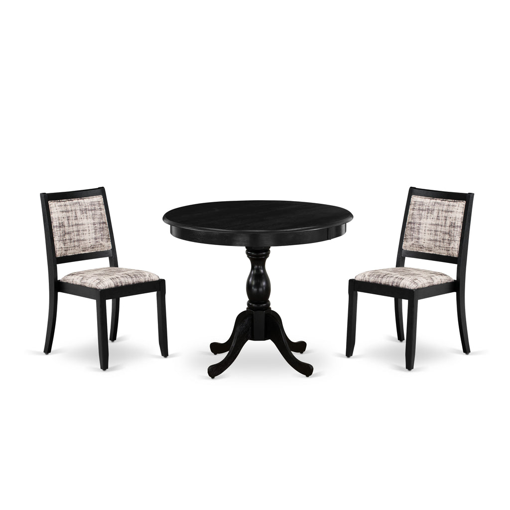 East West Furniture AMX23-ABK-30 -3 Piece Dining Set Includes a Round Kitchen Table with Wire Brushed Black Tabletop & 2 Stackable Faux Leather Chairs