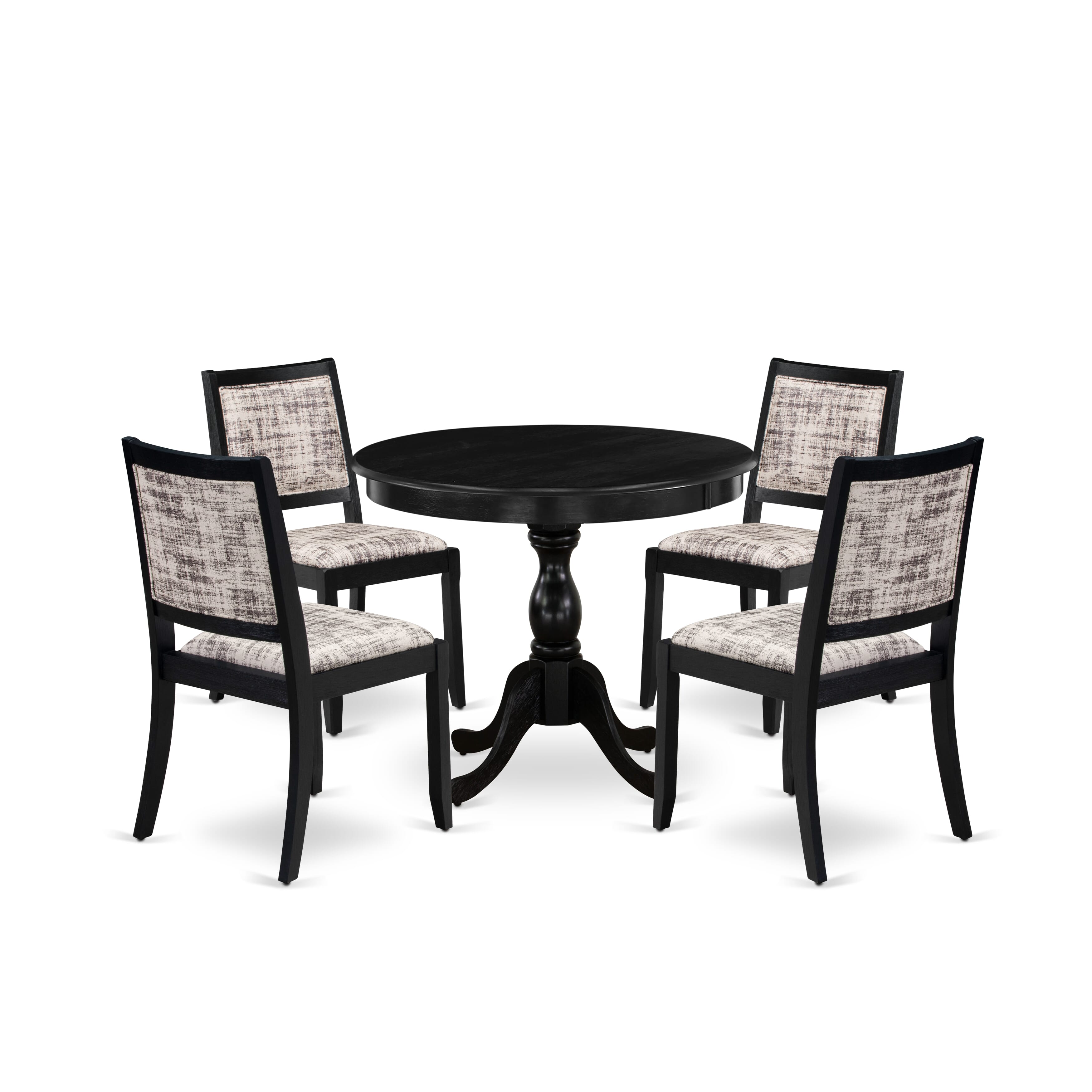 East West Furniture AMX25-ABK-30 -5 Piece Dining Set Includes a Round Table & 4 Stackable Faux Leather Fabric Chairs, Wire Brushed Black
