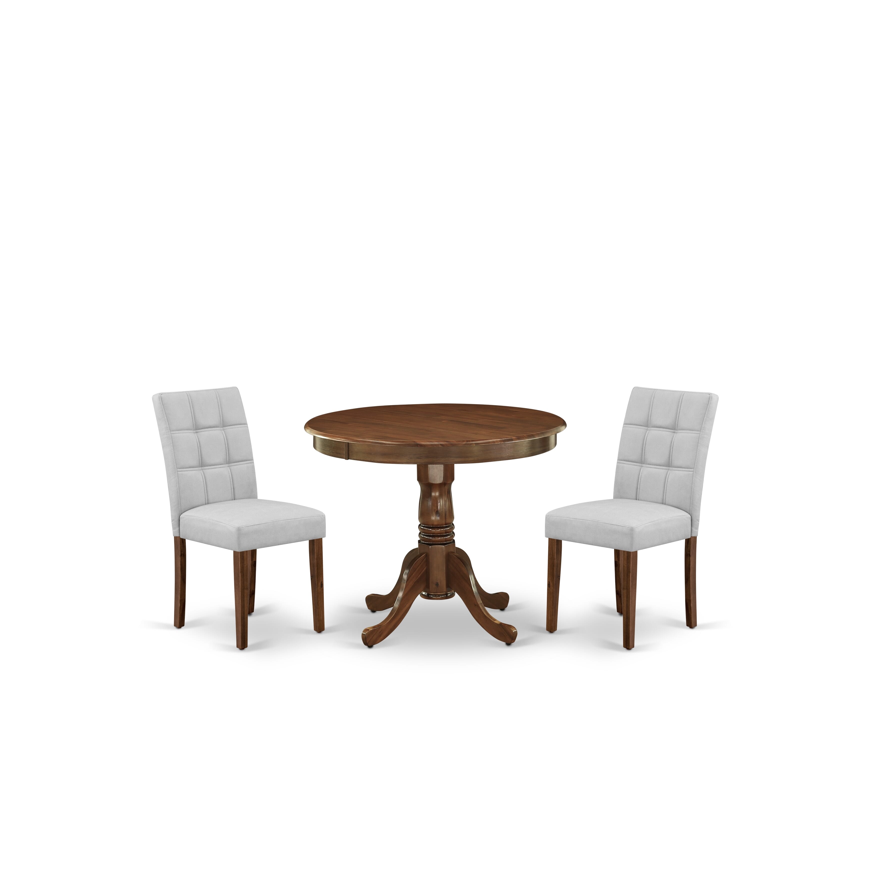 East West Furniture ANAS3-AWA-27 3 Piece Modern Dining Set consists A Dinning Table and 2 Light Gray Faux Leather Dinner Chairs, Antique Walnut