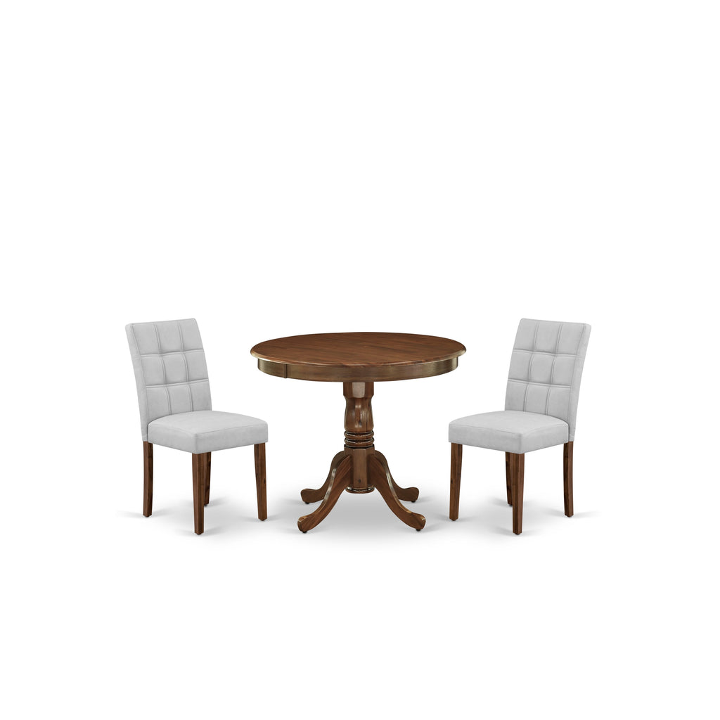 East West Furniture ANAS3-AWA-27 3 Piece Modern Dining Set consists A Dinning Table and 2 Light Gray Faux Leather Dinner Chairs, Antique Walnut