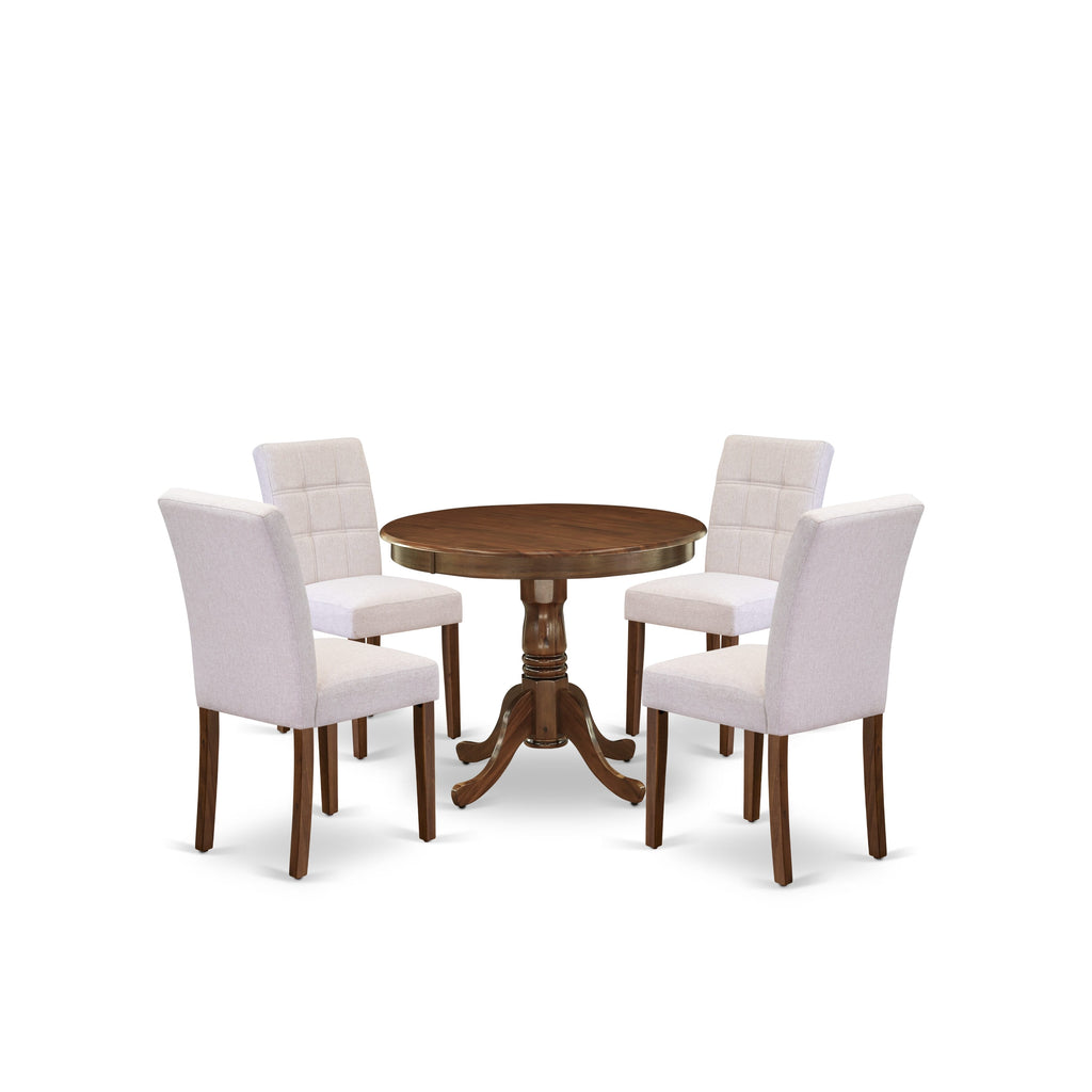East West Furniture ANAS5-AWA-08 5 Piece Mid Century Modern Dining Table Set consists A Modern Kitchen Table and 4 Mist Beige Linen Fabric Modern Dining Chairs