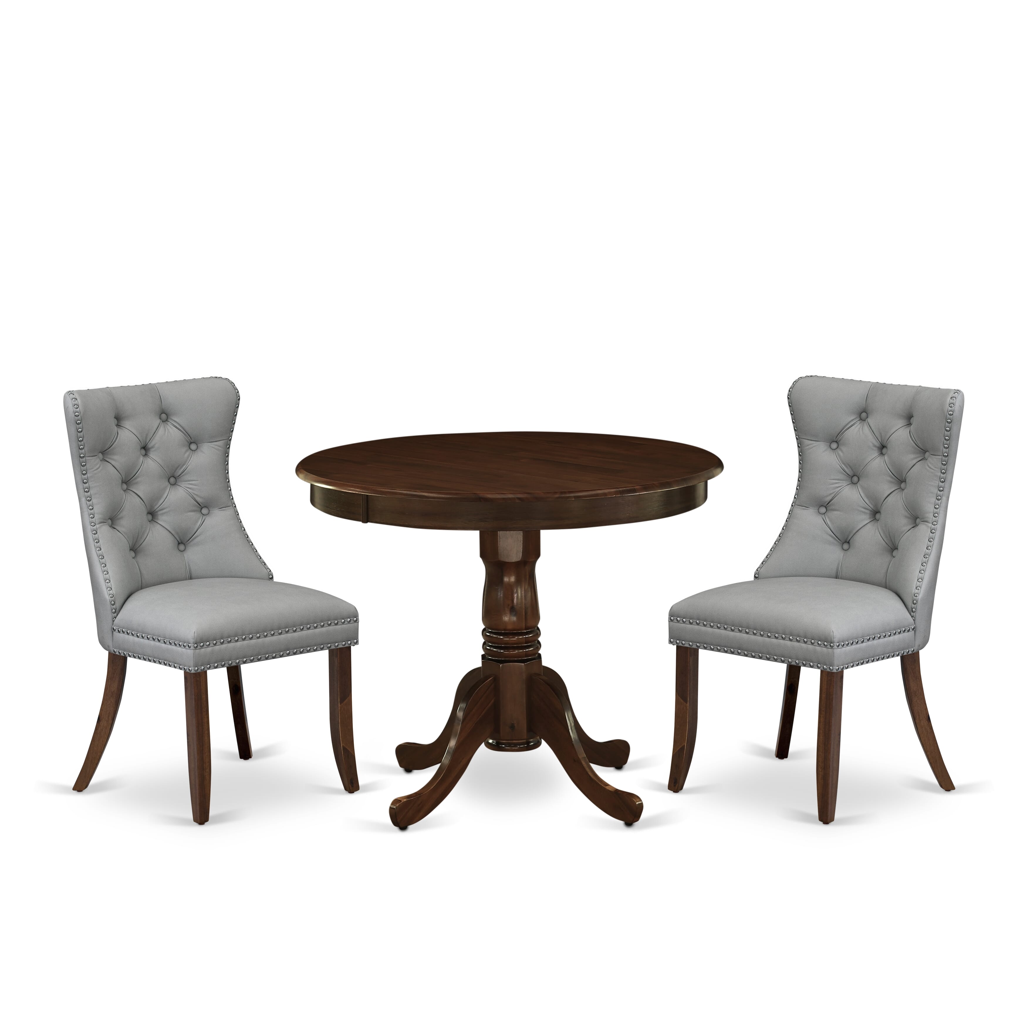 East West Furniture ANDA3-AWA-27 3 Piece Dining Room Table Set Consists of a Round Kitchen Table with Pedestal and 2 Parson Chairs, 36x36 Inch, Antique Walnut