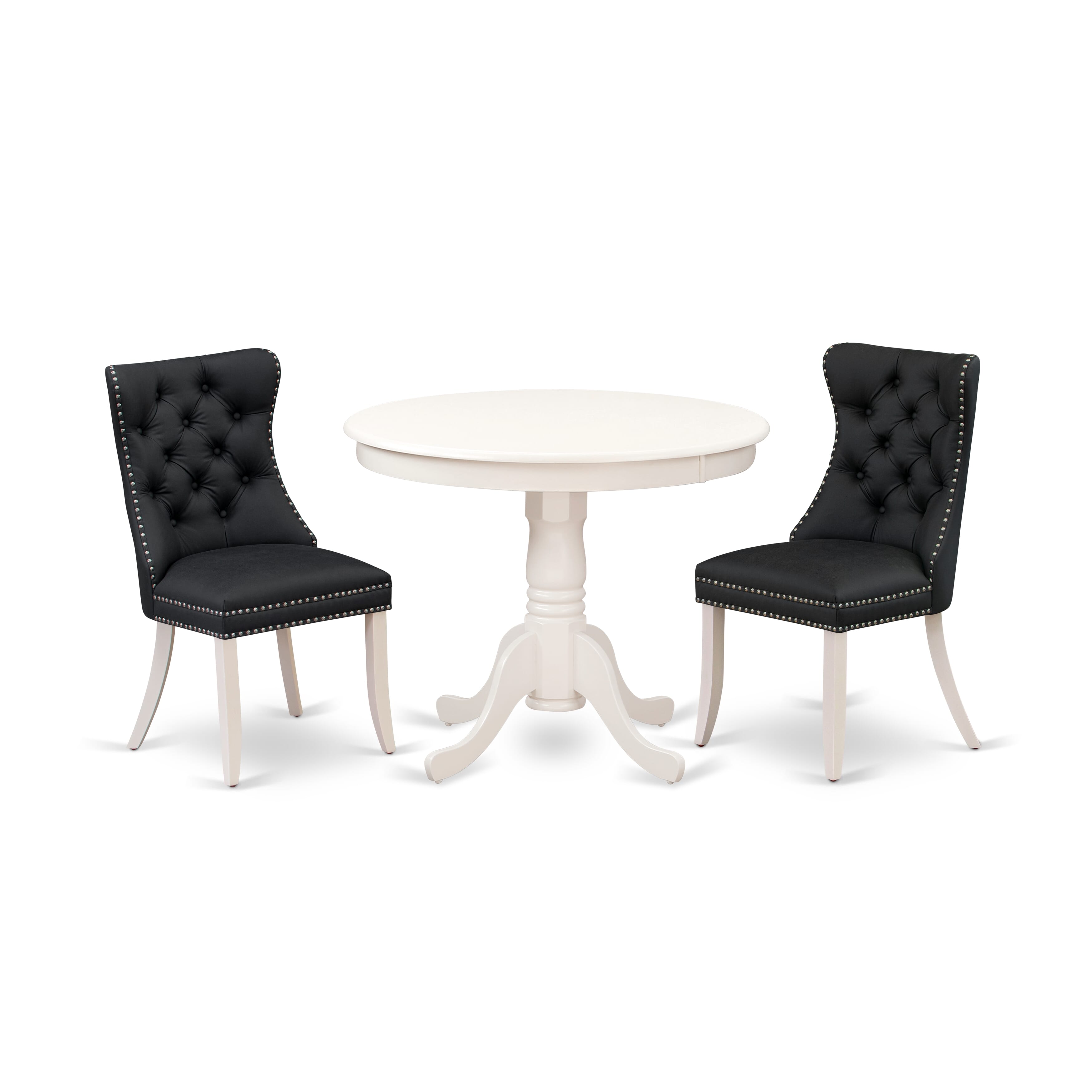 East West Furniture ANDA3-LWH-12 3 Piece Dining Table Set for Small SpacesIncludes a Round Kitchen Table with Pedestal and 2 Upholstered Chairs, 36x36 Inch, linen white
