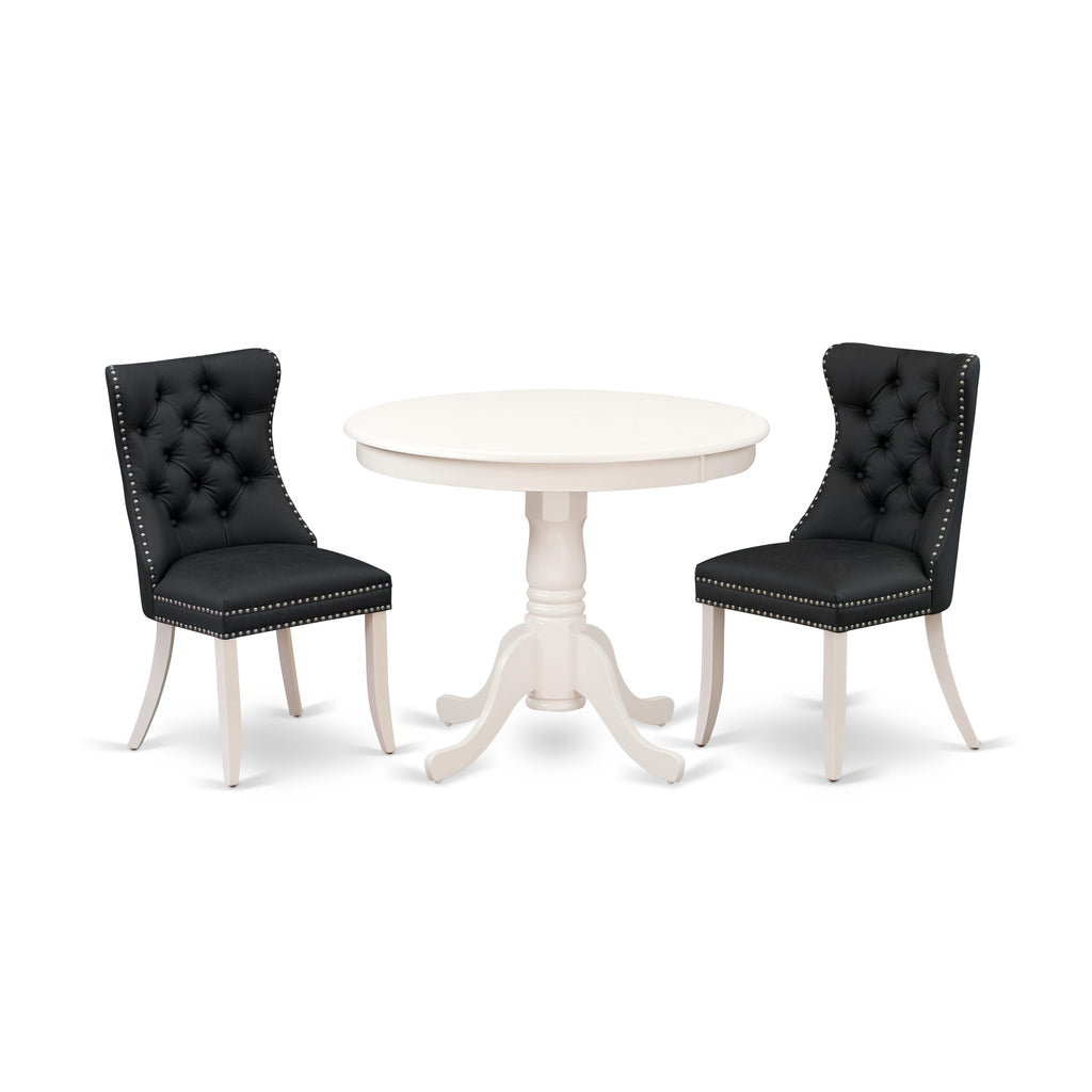 East West Furniture ANDA3-LWH-12 3 Piece Dining Table Set for Small SpacesIncludes a Round Kitchen Table with Pedestal and 2 Upholstered Chairs, 36x36 Inch, linen white