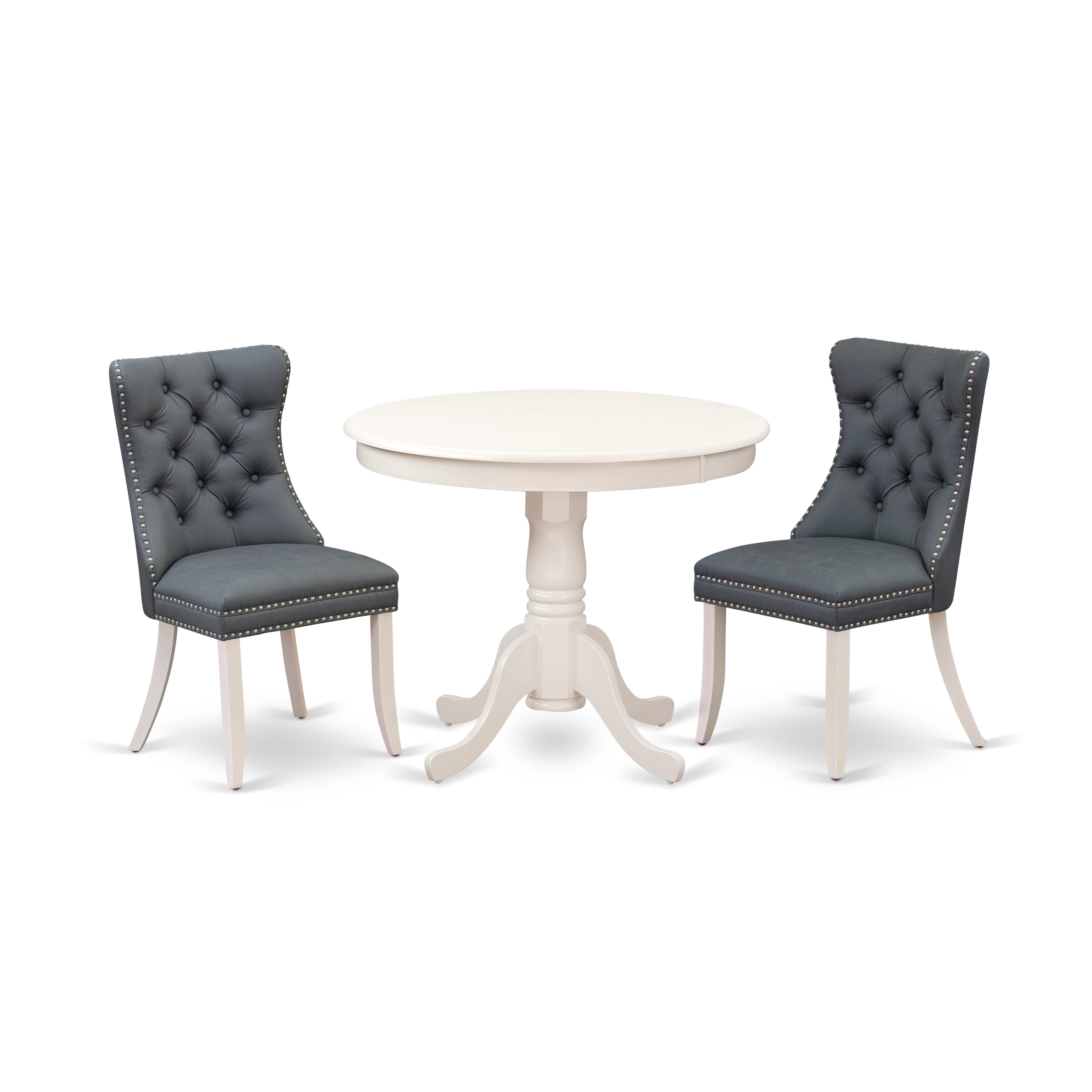 East West Furniture ANDA3-LWH-13 3 Piece Dining Set Contains a Round Kitchen Table with Pedestal and 2 Upholstered Parson Chairs, 36x36 Inch, linen white