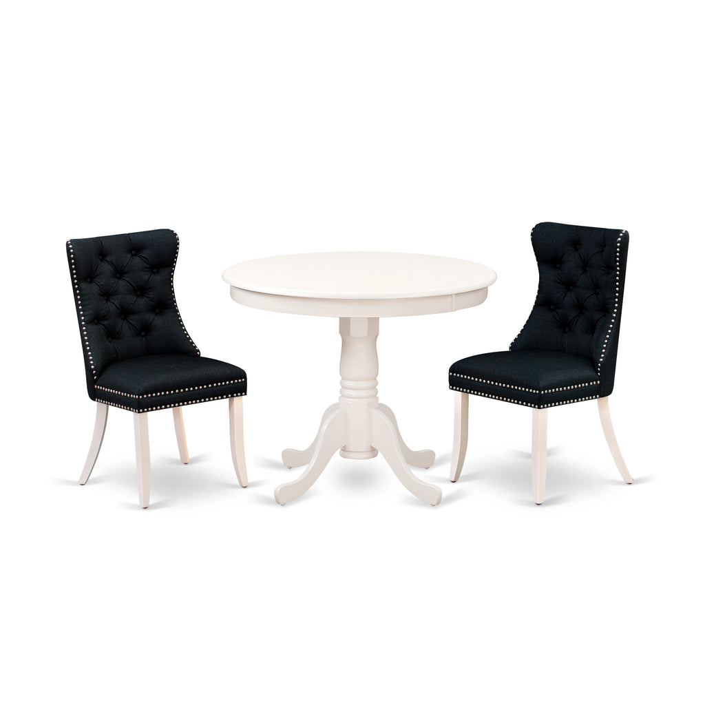East West Furniture ANDA3-LWH-24 3 Piece Dining Set Includes a Round Kitchen Table with Pedestal and 2 Upholstered Parson Chairs
