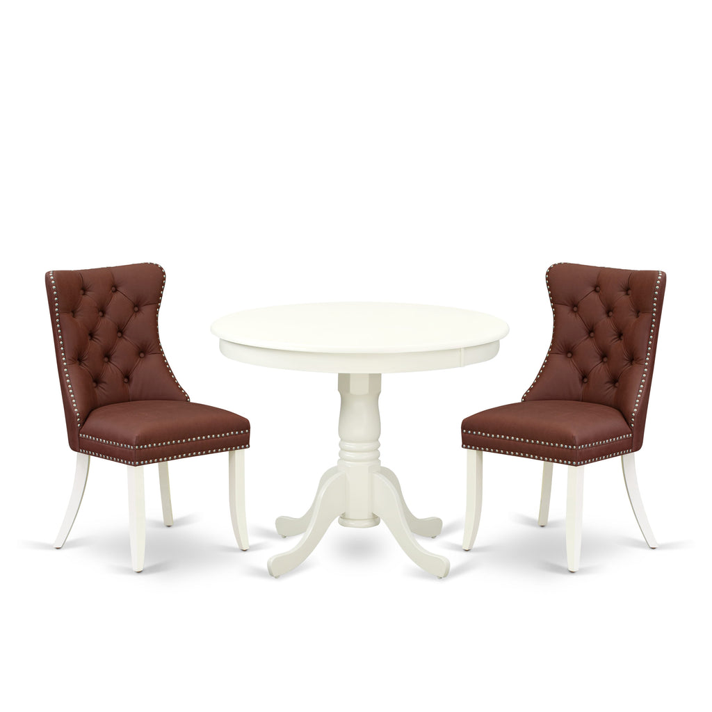 Juego de mesa de comedor de 3 piezas East West Furniture ANDA3-LWH-26 para espacios pequeños. Incluye una mesa de comedor redonda con pedestal y 2 sillas tapizadas.