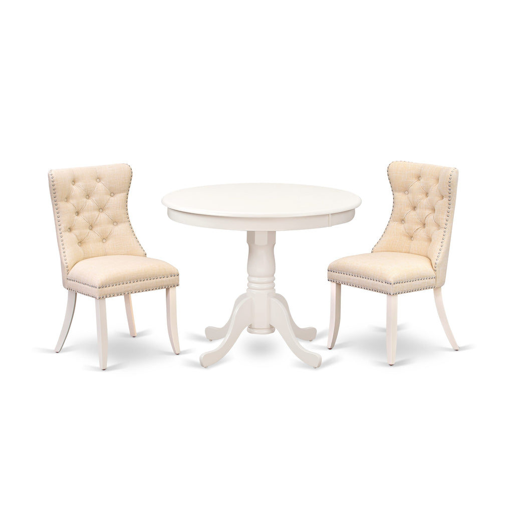 East West Furniture ANDA3-LWH-32 3 Piece Modern Dining Table Set Includes a Round Kitchen Table with Pedestal and 2 Padded Chairs
