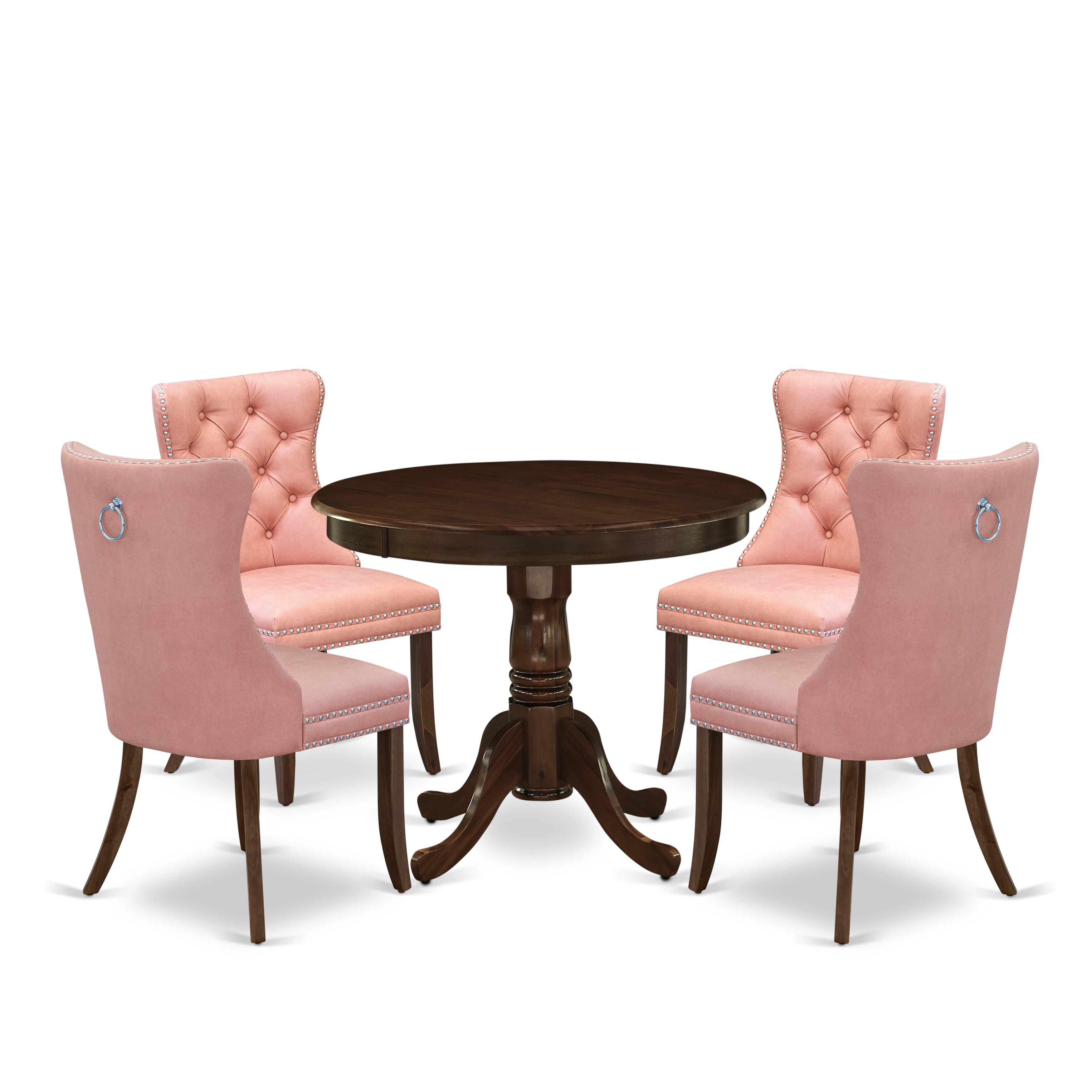 East West Furniture ANDA5-AWA-23 5 Piece Dinette Set Consists of a Round Dining Table with Pedestal and 4 Parson Kitchen Chairs, 36x36 Inch, Antique Walnut