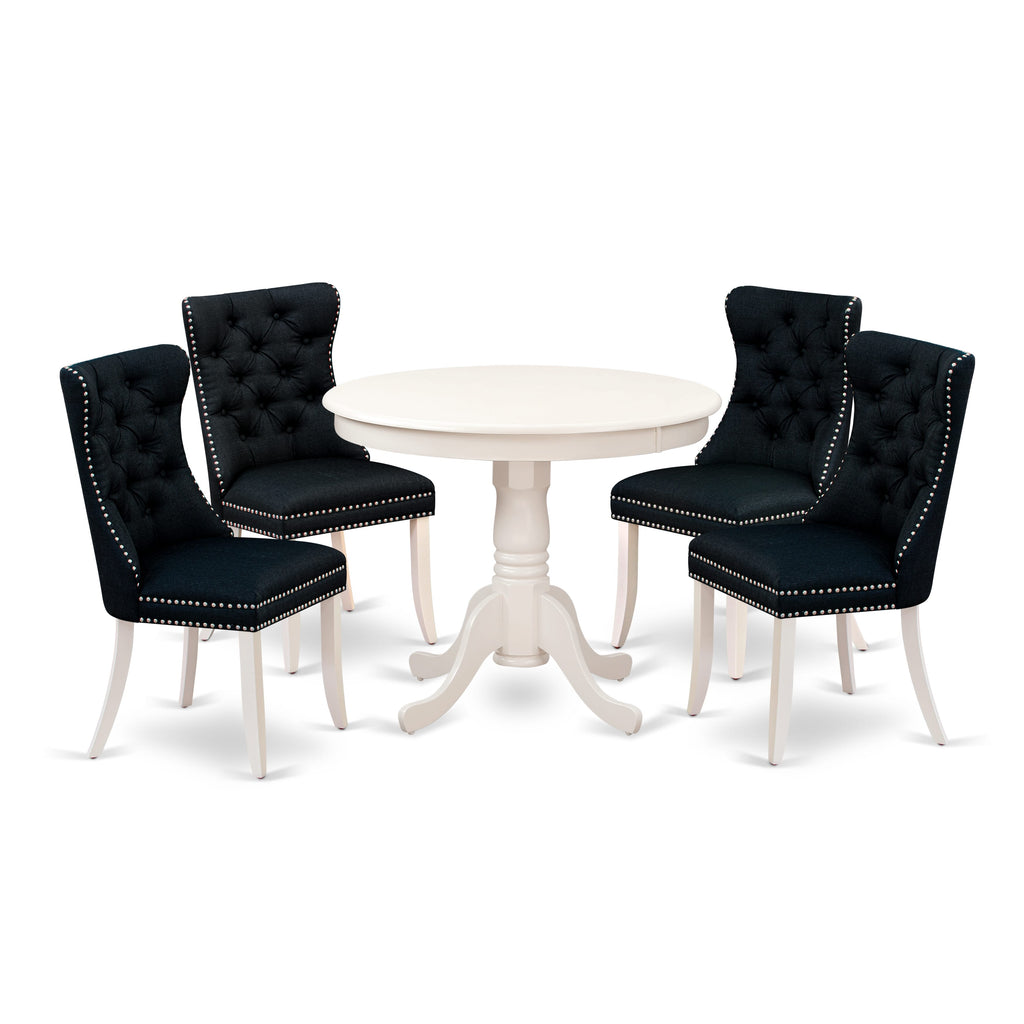 East West Furniture ANDA5-LWH-24 5 Piece Dining Room Set Consists of a Round Wooden Table with Pedestal and 4 Upholstered Chairs
